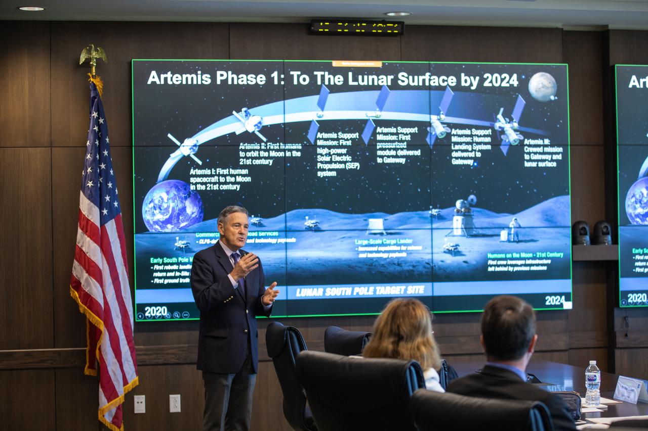 Kennedy Space Center Director Bob Cabana gives a presentation on Artemis missions to members of the NASA Advisory Council during a meeting at the center’s Central Campus Headquarters Building in Florida on Oct. 31, 2019. The NASA Advisory Council provides the NASA administrator with counsel and advice on programs and issues of importance to the agency. Committee members conduct fact-finding sessions throughout the year in an effort to gain a broad understanding of current NASA issues and future mission implementation plans.