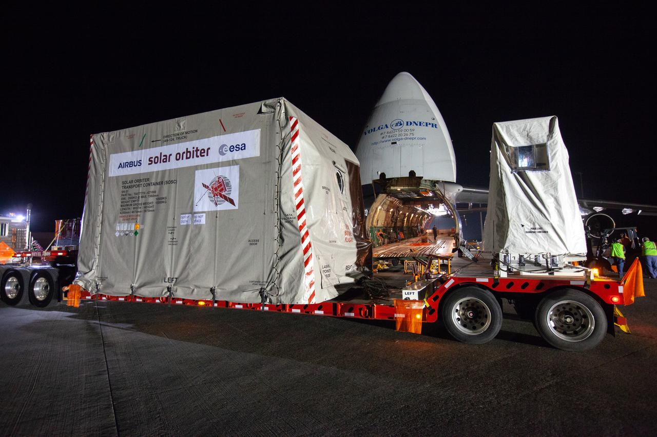 The Solar Orbiter spacecraft is placed on a truck for transportation from the Launch and Landing Facility at NASA’s Kennedy Space Center in Florida to the Astrotech Space Operations facility in nearby Titusville on Nov. 1, 2019. The spacecraft was delivered to the Florida spaceport aboard an Antonov An-124 cargo plane from Munich, Germany. Solar Orbiter is a European Space Agency mission with strong NASA participation. The mission aims to study the Sun, its outer atmosphere and solar winds. The spacecraft will provide the first images of the Sun’s poles. NASA’s Launch Services Program based at Kennedy is managing the launch. Liftoff is scheduled for Feb. 5, 2020, from Cape Canaveral Air Force Station aboard a United Launch Alliance Atlas V rocket. 