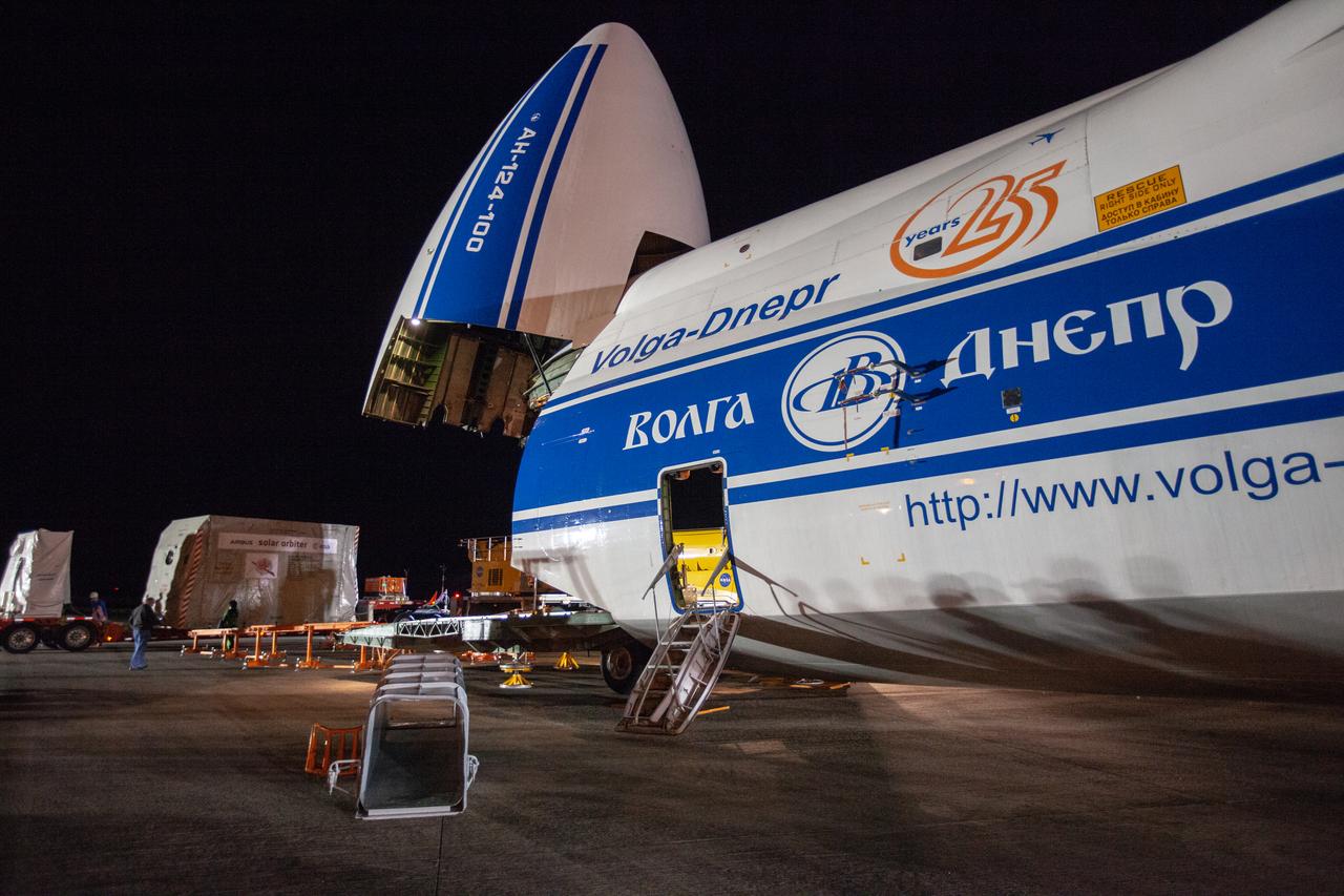 An Antonov An-124 cargo plane, foreground, is seen at NASA Kennedy Space Center’s Launch and Landing Facility on Nov. 1, 2019 after delivering the Solar Orbiter spacecraft from Munich, Germany. The spacecraft was placed on a truck for transportation from the Florida spaceport to the Astrotech Space Operations facility in nearby Titusville.  Solar Orbiter is a European Space Agency mission with strong NASA participation. The mission aims to study the Sun, its outer atmosphere and solar winds. The spacecraft will provide the first images of the Sun’s poles. NASA’s Launch Services Program based at Kennedy is managing the launch. Liftoff is scheduled for Feb. 5, 2020, from Cape Canaveral Air Force Station aboard a United Launch Alliance Atlas V rocket. 
