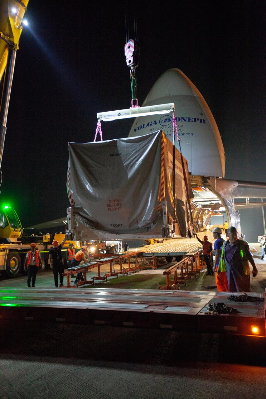 A crane carefully places the Solar Orbiter spacecraft on a truck for transportation from the Launch and Landing Facility at NASA’s Kennedy Space Center in Florida to the Astrotech Space Operations facility in nearby Titusville on Nov. 1, 2019. The spacecraft was delivered to the Florida spaceport aboard an Antonov An-124 cargo plane from Munich, Germany. Solar Orbiter is a European Space Agency mission with strong NASA participation. The mission aims to study the Sun, its outer atmosphere and solar winds. The spacecraft will provide the first images of the Sun’s poles. NASA’s Launch Services Program based at Kennedy is managing the launch. Liftoff is scheduled for Feb. 5, 2020, from Cape Canaveral Air Force Station aboard a United Launch Alliance Atlas V rocket. 