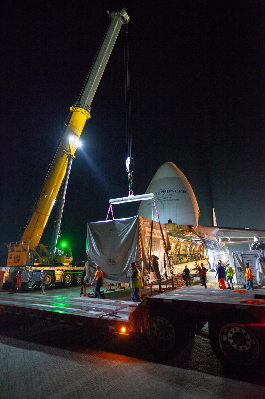 A crane carefully places the Solar Orbiter spacecraft on a truck for transportation from the Launch and Landing Facility at NASA’s Kennedy Space Center in Florida to the Astrotech Space Operations facility in nearby Titusville on Nov. 1, 2019. The spacecraft was delivered to the Florida spaceport aboard an Antonov An-124 cargo plane from Munich, Germany. Solar Orbiter is a European Space Agency mission with strong NASA participation. The mission aims to study the Sun, its outer atmosphere and solar winds. The spacecraft will provide the first images of the Sun’s poles. NASA’s Launch Services Program based at Kennedy is managing the launch. Liftoff is scheduled for Feb. 5, 2020, from Cape Canaveral Air Force Station aboard a United Launch Alliance Atlas V rocket. 