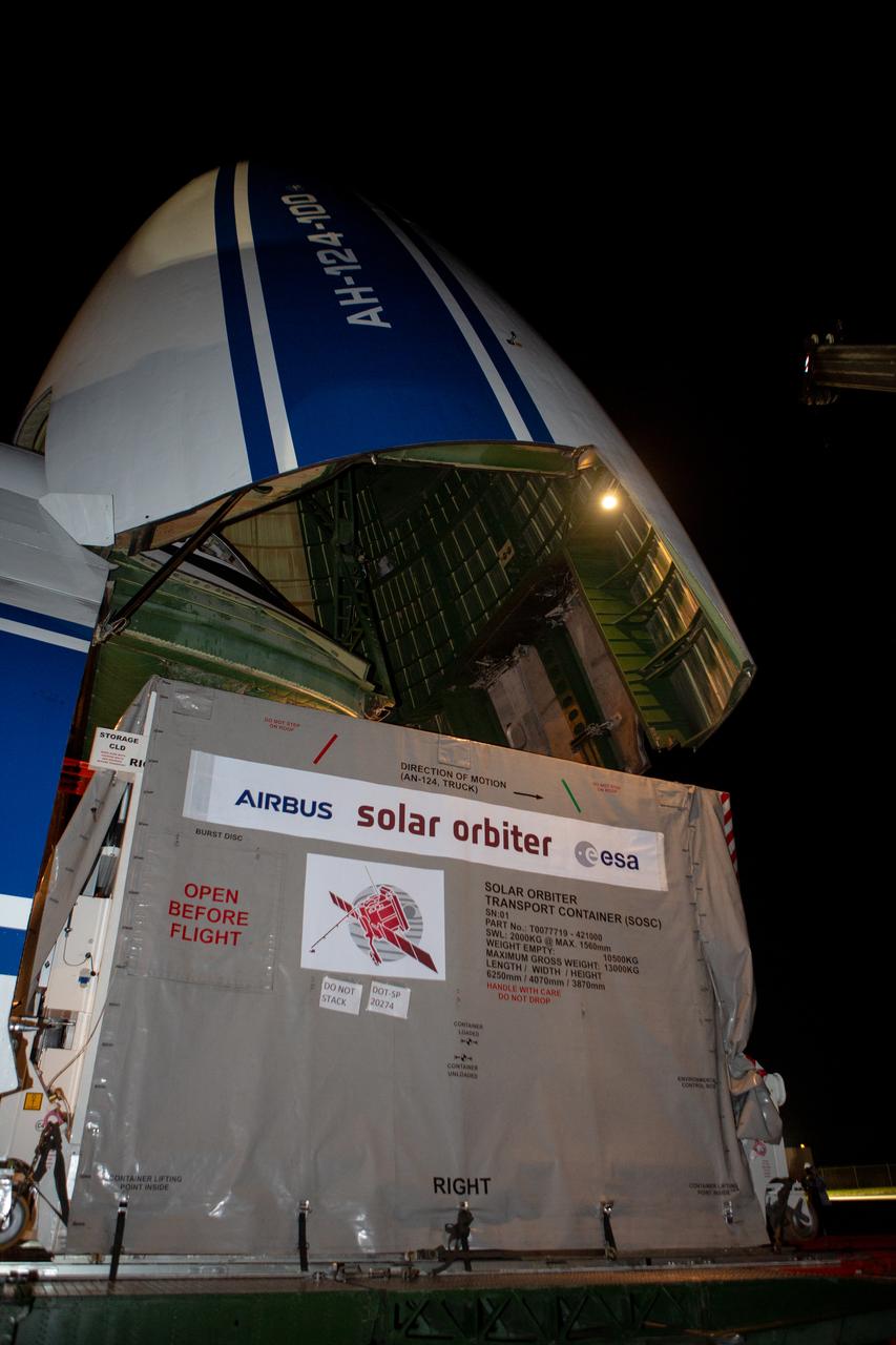 The Solar Orbiter spacecraft is placed on a truck for transportation from the Launch and Landing Facility at NASA’s Kennedy Space Center in Florida to the Astrotech Space Operations facility in nearby Titusville on Nov. 1, 2019. The spacecraft was delivered to the Florida spaceport aboard an Antonov An-124 cargo plane from Munich, Germany. Solar Orbiter is a European Space Agency mission with strong NASA participation. The mission aims to study the Sun, its outer atmosphere and solar winds. The spacecraft will provide the first images of the Sun’s poles. NASA’s Launch Services Program based at Kennedy is managing the launch. Liftoff is scheduled for Feb. 5, 2020, from Cape Canaveral Air Force Station aboard a United Launch Alliance Atlas V rocket. 
