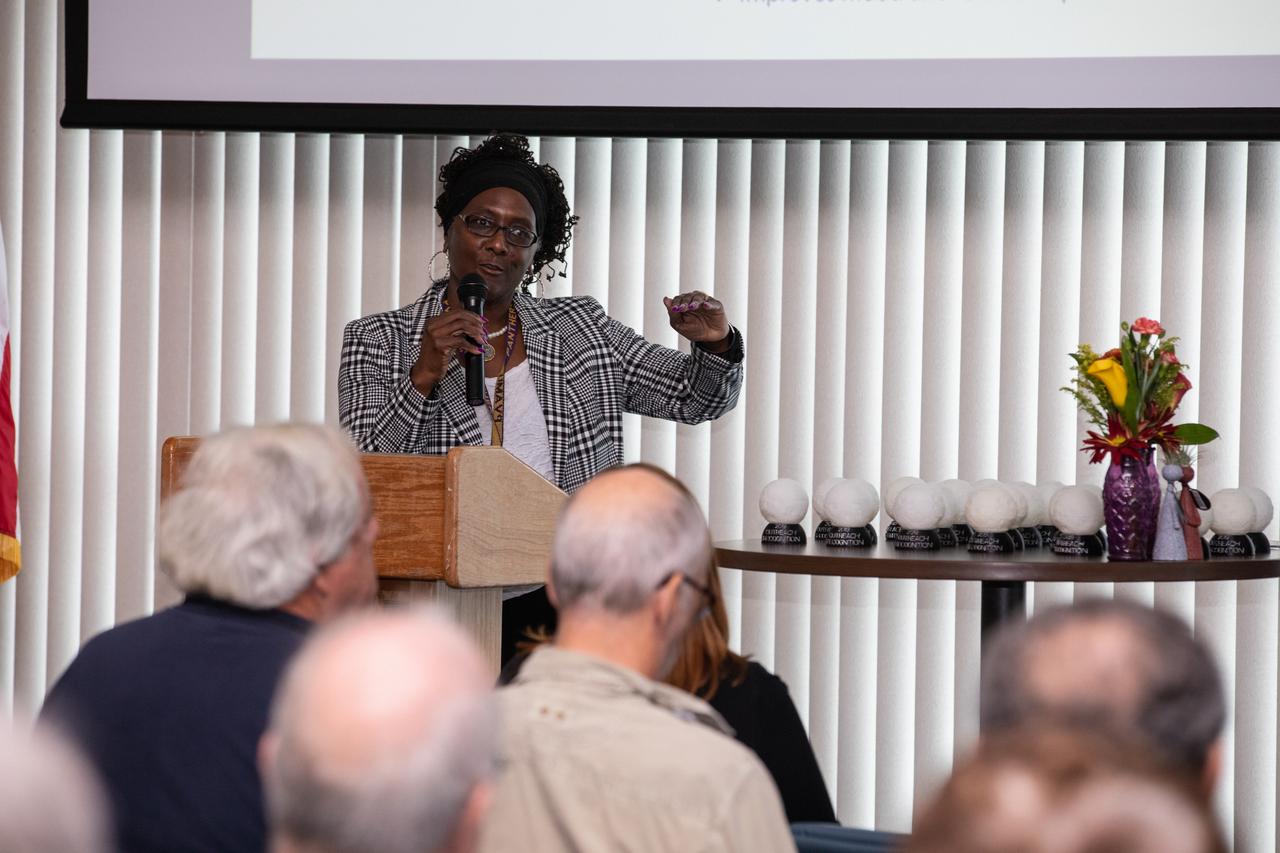 Hortense Diggs, director of the Communication and Public Engagement directorate at NASA’s Kennedy Space Center in Florida, relays her appreciation and thanks to volunteers and docents during an appreciation event on Nov. 1, 2019. The event honored the efforts of NASA retirees, current civil servant and contractor employees, and docents for their tireless efforts and volunteer hours spent sharing the NASA story with the public and members of the media.