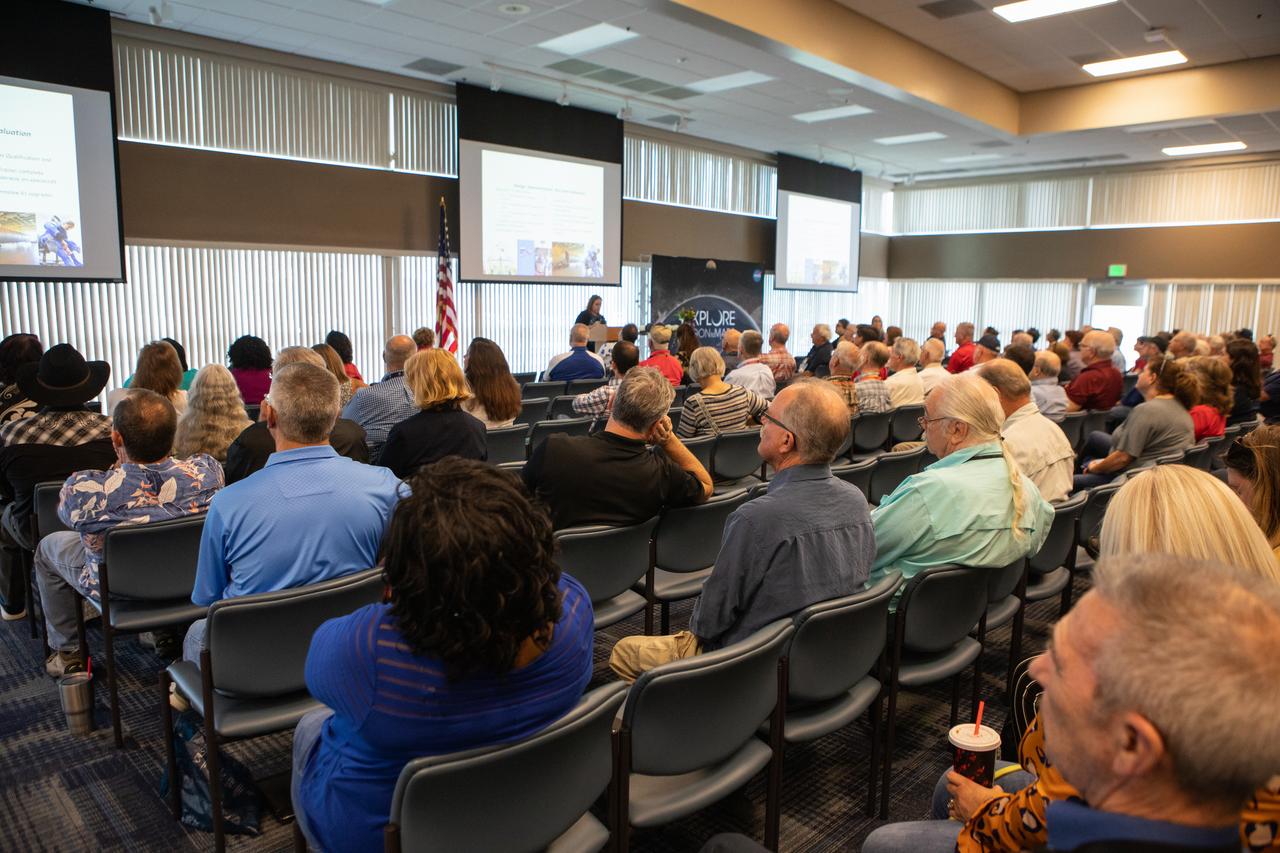Crystal Jones, Ground and Mission Operations lead for SpaceX in the Commercial Crew Program, speaks to volunteers and docents during an appreciation event at NASA’s Kennedy Space Center in Florida on Nov. 1, 2019. The appreciation event, hosted by the center’s Communication and Public Engagement directorate, honored the efforts of NASA retirees, current civil servant and contractor employees, and docents for their tireless efforts and volunteer hours spent sharing the NASA story with the public and members of the media.