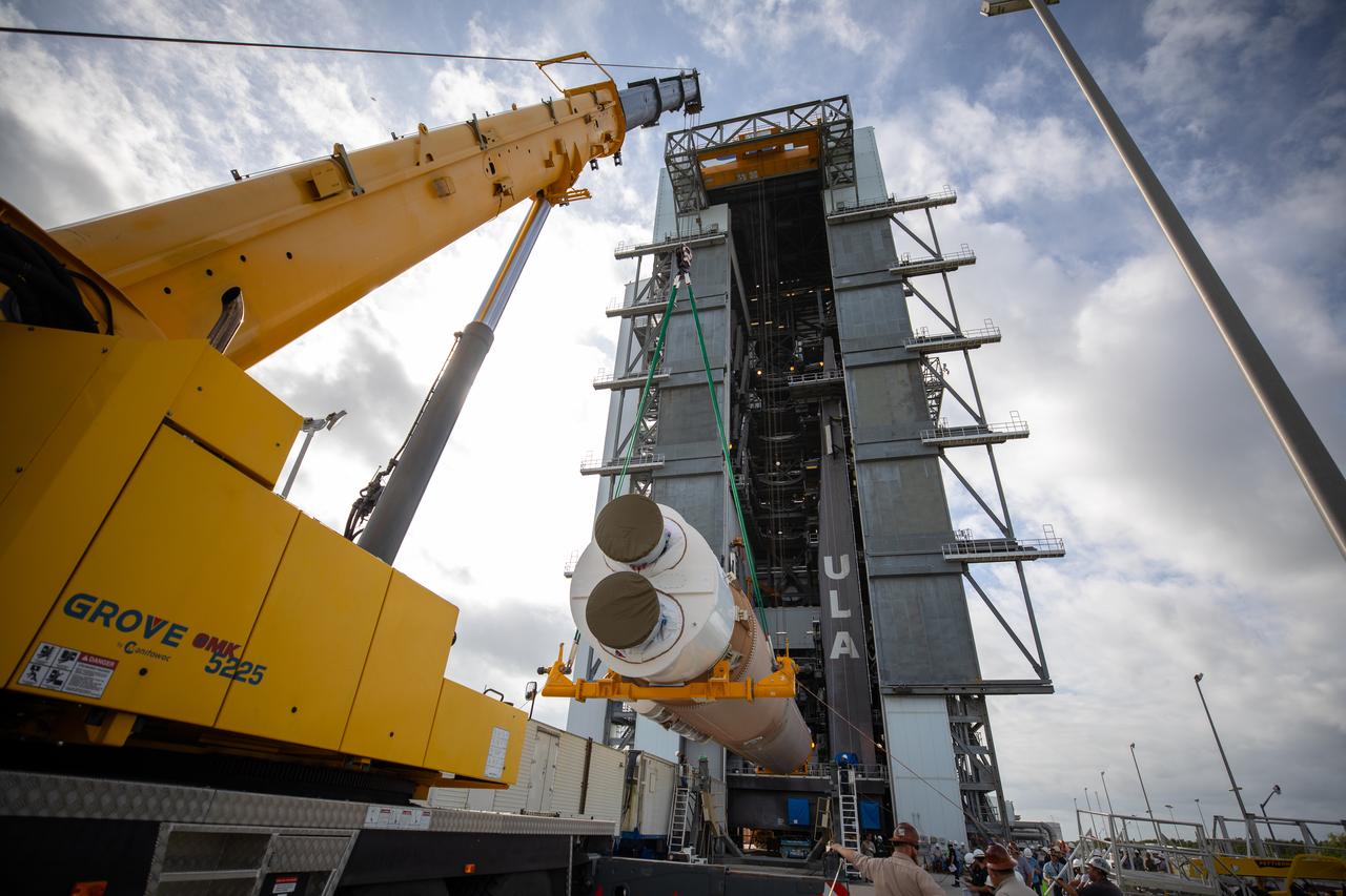 The United Launch Alliance Atlas V first stage is lifted to the vertical position on Nov. 4, 2019, in the Vertical Integration Facility at Space Launch Complex 41 at Cape Canaveral Air Force Station in Florida, in preparation for Boeing’s Orbital Flight Test (OFT). The uncrewed OFT mission will rendezvous and dock Boeing’s CST-100 Starliner spacecraft with the International Space Station as part of NASA’s Commercial Crew Program. Starliner will launch atop the Atlas V rocket from Space Launch Complex 41.