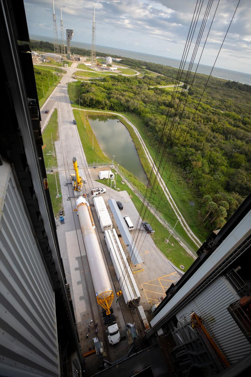 The United Launch Alliance Atlas V first stage is lifted to the vertical position on Nov. 4, 2019, in the Vertical Integration Facility at Space Launch Complex 41 at Cape Canaveral Air Force Station in Florida, in preparation for Boeing’s Orbital Flight Test (OFT). The uncrewed OFT mission will rendezvous and dock Boeing’s CST-100 Starliner spacecraft with the International Space Station as part of NASA’s Commercial Crew Program. Starliner will launch atop the Atlas V rocket from Space Launch Complex 41.