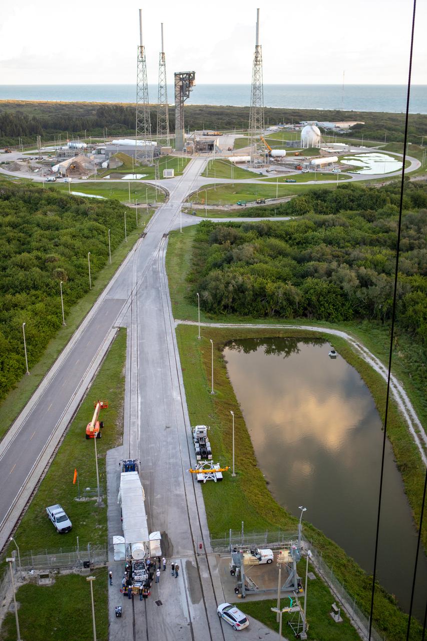 Two solid rocket boosters are delivered to the Space Launch Complex 41 Vertical Integration Facility at Cape Canaveral Air Force Station in Florida on Nov. 7, 2019. The boosters were then mated to the United Launch Alliance Atlas V first stage in preparation for Boeing’s Orbital Flight Test (OFT). The uncrewed OFT mission will rendezvous and dock Boeing’s CST-100 Starliner spacecraft with the International Space Station as part of NASA’s Commercial Crew Program. Starliner will launch atop the Atlas V rocket from Space Launch Complex 41.