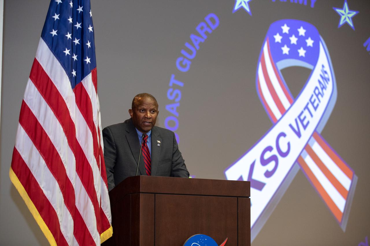 Kennedy Space Center Associate Director, Technical, Kelvin Manning speaks during a Veterans Day observance event on Nov. 7, 2019, in the Florida spaceport’s Training Auditorium. During the event, Kennedy was named a Purple Heart Entity by the Military Order of the Purple Heart, becoming the first NASA center to receive this designation for support and services provided to veterans through the center’s Veterans employee resource group. Following this recognition, Christopher Vedvick, a combat wounded veteran and Military Order of the Purple Heart department of Florida commander, spoke about his experience serving in the United States Army before retiring, his involvement in the Military Order of the Purple Heart and the purpose of the organization. 