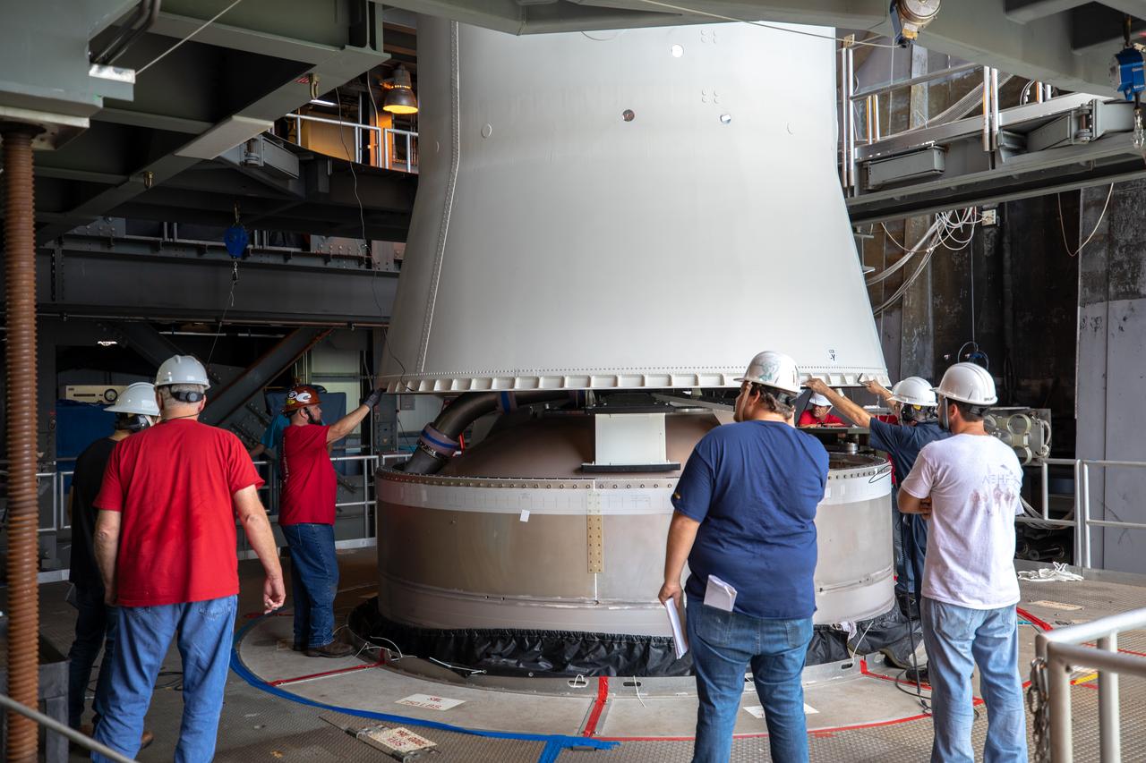 A Centaur upper stage is mated to the United Launch Alliance Atlas V first stage inside the Space Launch Complex 41 Vertical Integration Facility at Florida’s Cape Canaveral Air Force Station on Nov. 8, 2019, in preparation for Boeing’s Orbital Flight Test (OFT). The uncrewed OFT mission will rendezvous and dock Boeing’s CST-100 Starliner spacecraft with the International Space Station as part of NASA’s Commercial Crew Program. Starliner will launch atop the Atlas V rocket from Space Launch Complex 41.
