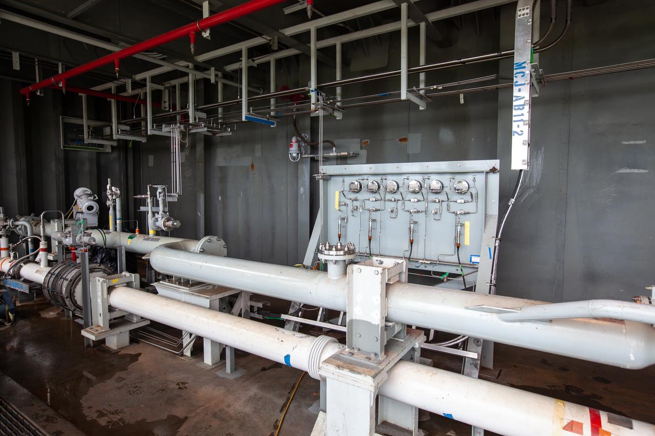 The control panel that will direct and control the flow of liquid oxygen, referred to as a skid, is photographed at Launch Pad 39B on Nov. 8, 2019, at NASA’s Kennedy Space Center in Florida. The agency’s Exploration Ground Systems oversaw testing of the pad’s cryogenic systems – the infrastructure that will support the flow of liquid hydrogen and liquid oxygen from the storage tanks, located near the pad, to the Space Launch System (SLS) rocket – in preparation for the launch of SLS with the Orion spacecraft atop for the uncrewed Artemis I mission. Each of the liquid oxygen and liquid hydrogen tanks can hold more than 800,000 gallons of propellant. The liquid oxygen will require the use of pumps to push it from the tank to the rocket, while the lighter liquid hydrogen will make its way up to the pad using gaseous hydrogen to pressurize the sphere. 