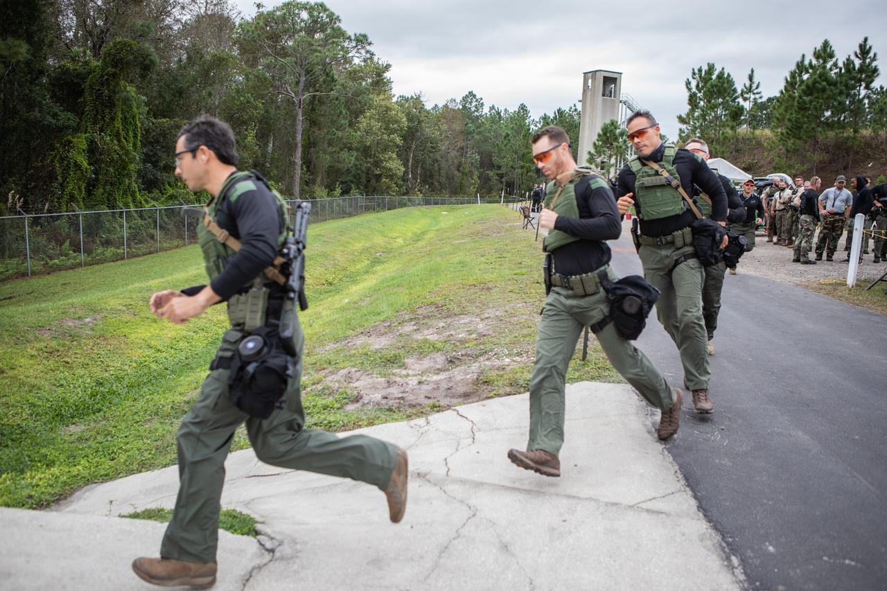 Members of NASA Kennedy Space Center's Emergency Response Team run during one of the tactical challenges at the 37th Annual SWAT Round-Up International at the Lawson Lamar Firearms and Tactical Training Center in Orlando, Florida. The competition was held Nov. 10 to 15, 2019, and featured five different tactical challenges. Kennedy's ERT members exchanged best practices and competed with more than 50 teams from the U.S. and around the world.