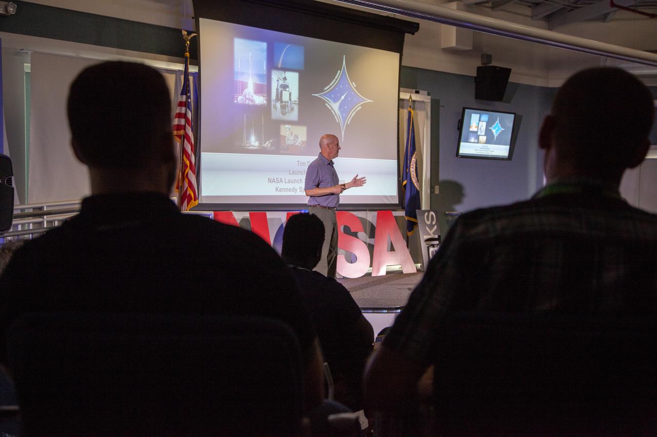 Tim Dunn, launch director for NASA’s Launch Services Program, speaks at the fifth and final TED Talk-style informational session at the agency’s Kennedy Space Center in Florida on Nov. 14, 2019. Hosted in the Kennedy Learning Institute and sponsored by the center’s Launching Leaders and Leadership for the Future, NASAtalks focuses on the topic of intentional careers and aims to provide employees with tools and knowledge that can be utilized for career growth. The theme of this session was organizations, and additional speakers included Director of Engineering Shawn Quinn, Chief Technologist Barbara Brown and Chief Counsel Dan Shaver, with a skill-building section on vision by Mark Wiese, logistics element manager for the Gateway Program. 