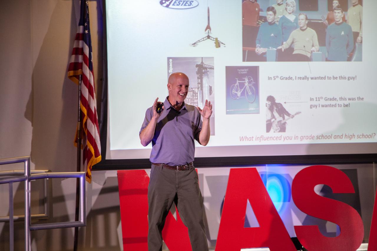 Tim Dunn, launch director for NASA’s Launch Services Program, speaks at the fifth and final TED Talk-style informational session at the agency’s Kennedy Space Center in Florida on Nov. 14, 2019. Hosted in the Kennedy Learning Institute and sponsored by the center’s Launching Leaders and Leadership for the Future, NASAtalks focuses on the topic of intentional careers and aims to provide employees with tools and knowledge that can be utilized for career growth. The theme of this session was organizations, and additional speakers included Director of Engineering Shawn Quinn, Chief Technologist Barbara Brown and Chief Counsel Dan Shaver, with a skill-building section on vision by Mark Wiese, logistics element manager for the Gateway Program. 