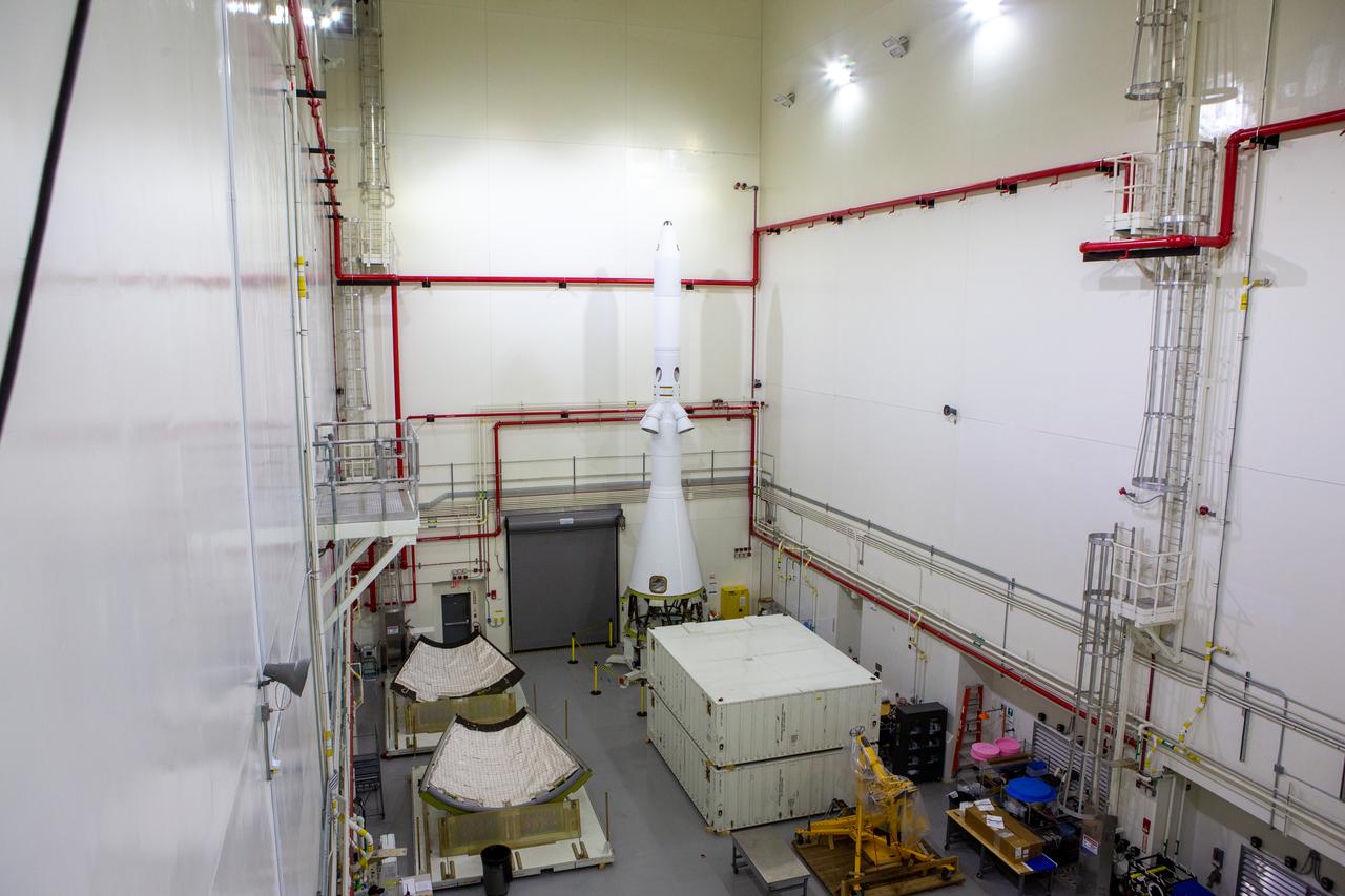 In this view from above inside the Launch Abort System Facility at NASA’s Kennedy Space Center in Florida, the Launch Abort System (LAS) for the Orion spacecraft that will launch on Artemis I, the first uncrewed mission of the Artemis series, awaits final processing with the spacecraft. The LAS was processed and prepared inside the LASF. During crewed launches of the Orion spacecraft atop the Space Launch System rocket, the LAS will protect the crew module and astronauts aboard to safety if an emergency occurs during launch.