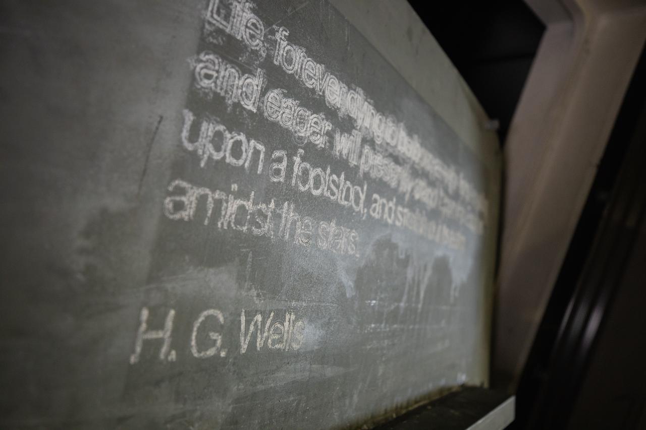 Each of the eight haunch access doors located in the mobile launcher platform contains an inspirational quote related to space travel. The quotes are from John F. Kennedy, H.G. Wells and Werner Von Braun, among others. The heavy metal doors will be bolted in place to protect electrical and support systems during liftoff of the Space Launch System rocket and Orion spacecraft.