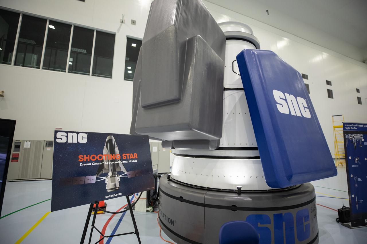 A look at a testing mockup of Sierra Nevada Corporation’s Shooting Star cargo module in the Space Station Processing Facility high bay at Kennedy Space Center on Nov. 19, 2019. Shooting Star will attach to the back of the company’s Dream Chaser spacecraft. The cargo module will deliver more than 12,000 pounds of supplies and other cargo to the International Space Station for NASA as part of the Commercial Resupply Services-2 contract.