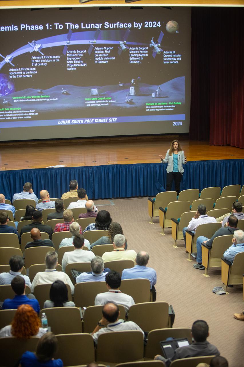 Lisa-Watson Morgan, NASA’s Human Landing System program manager, provides an overview of the program to Kennedy Space Center employees in the Florida spaceport’s Training Auditorium on Nov. 19, 2019. Watson-Morgan’s presentation was part of the center’s Innovation Days, one of several events throughout the year aimed at fostering and encouraging an innovative culture at Kennedy. In addition to the presentation, Kennedy employees had the opportunity to attend an innovation showcase, where nearly 50 exhibitors demonstrated new technologies and innovations. Showcase participants included individuals from multiple directorates, programs and organizations throughout Kennedy. 