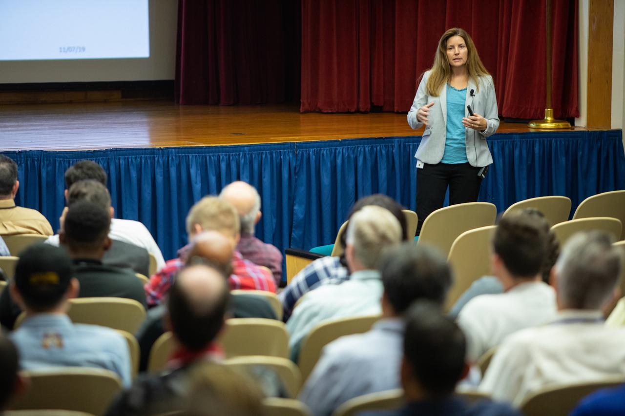 Lisa-Watson Morgan, NASA’s Human Landing System program manager, provides an overview of the program to Kennedy Space Center employees in the Florida spaceport’s Training Auditorium on Nov. 19, 2019. Watson-Morgan’s presentation was part of the center’s Innovation Days, one of several events throughout the year aimed at fostering and encouraging an innovative culture at Kennedy. In addition to the presentation, Kennedy employees had the opportunity to attend an innovation showcase, where nearly 50 exhibitors demonstrated new technologies and innovations. Showcase participants included individuals from multiple directorates, programs and organizations throughout Kennedy. 