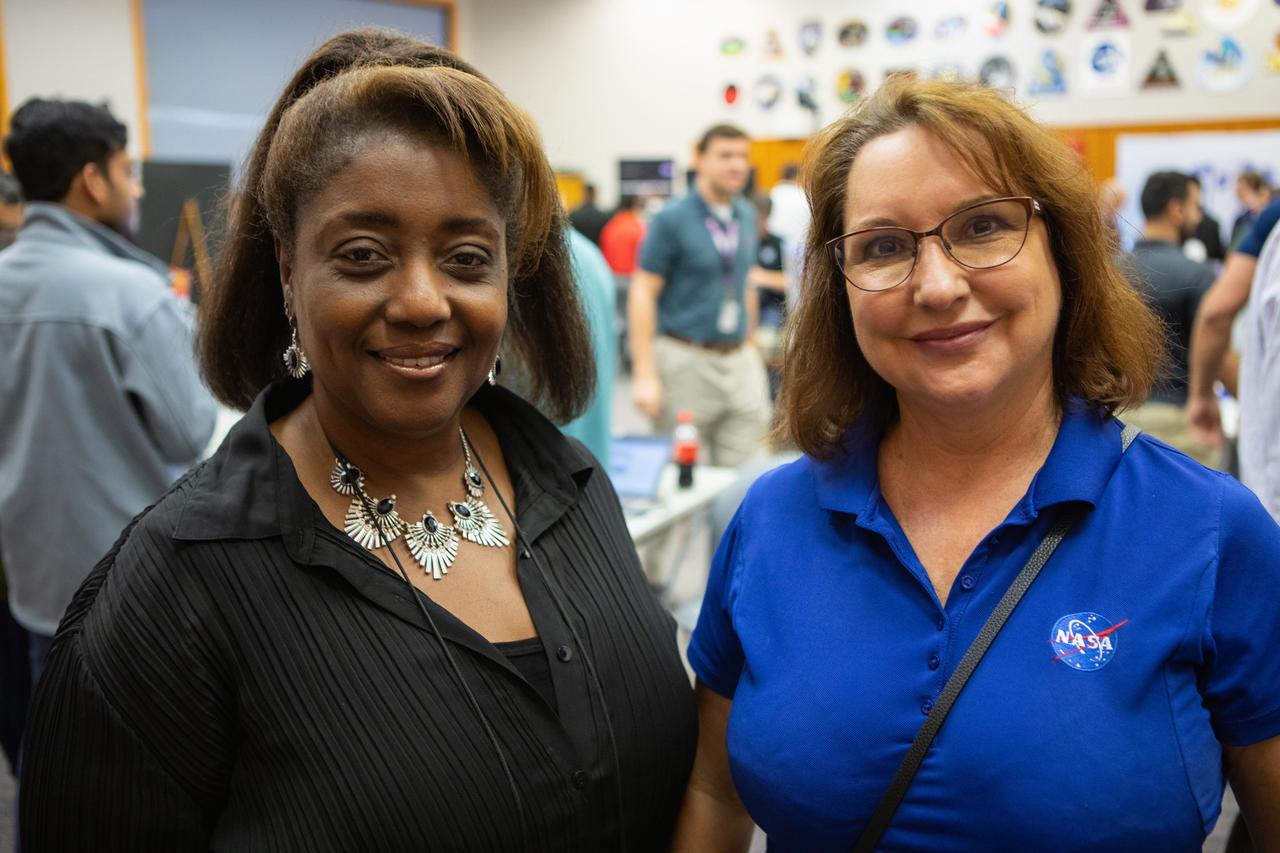 Kennedy Space Center Chief Technologist Barbara Brown, left, and Deputy Chief Technologist Kathy Loftin are photographed during an innovation showcase on Nov. 19, 2019, in the Florida spaceport’s Neil Armstrong Operations and Checkout Building’s Mission Briefing Room. Nearly 50 exhibitors gathered to demonstrate new technologies and innovations during the center’s Innovation Days – one of several events throughout the year aimed at fostering and encouraging an innovative culture at Kennedy. Showcase participants included individuals from multiple directorates, programs and organizations throughout Kennedy. In addition to the showcase, employees had the opportunity to attend an overview presentation on NASA’s Human Landing System (HLS), hosted by HLS Program Manager Lisa Watson-Morgan. 