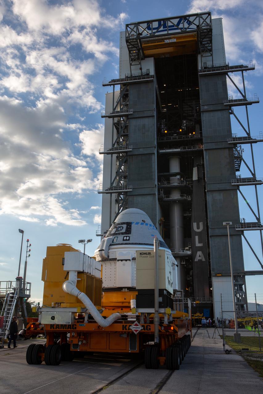 The Boeing CST-100 Starliner spacecraft arrives at the Vertical Integration Facility at Space Launch Complex 41 at Florida’s Cape Canaveral Air Force Station on Nov. 21, 2019. Starliner will be secured atop a United Launch Alliance Atlas V rocket for Boeing’s Orbital Flight Test to the International Space Station for NASA’s Commercial Crew Program. The spacecraft rolled out from Boeing’s Commercial Crew and Cargo Processing Facility at NASA’s Kennedy Space Center earlier in the day.