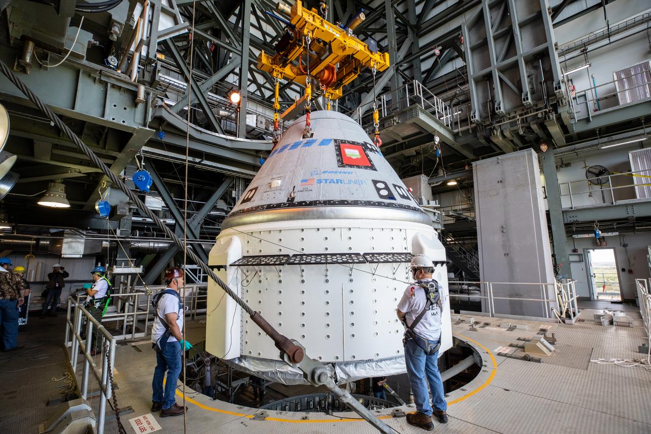 The Boeing CST-100 Starliner spacecraft is secured atop a United Launch Alliance Atlas V rocket at the Vertical Integration Facility at Space Launch Complex 41 at Florida’s Cape Canaveral Air Force Station on Nov. 21, 2019. Starliner will launch on the Atlas V for Boeing’s Orbital Flight Test to the International Space Station for NASA’s Commercial Crew Program. The spacecraft rolled out from Boeing’s Commercial Crew and Cargo Processing Facility at NASA’s Kennedy Space Center earlier in the day.
