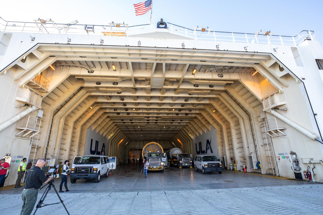 The United Launch Alliance cargo vessel, Rocketship, is opened at Florida’s Port Canaveral on Nov. 21, 2019, carrying the Atlas V booster and Centaur upper stage that will launch the Solar Orbiter spacecraft. Once offloaded, the booster was transported to the Atlas Spaceflight Operations Center and the Centaur was transported to a separate facility, both at nearby Cape Canaveral Air Force Station.  Solar Orbiter is a European Space Agency mission with strong NASA participation. The mission aims to study the Sun, its outer atmosphere and solar winds. The spacecraft will provide the first images of the Sun’s poles. NASA’s Launch Services Program based at Kennedy is managing the launch. Liftoff is scheduled for Feb. 5, 2020, from Cape Canaveral Air Force Station aboard the ULA Atlas V rocket.