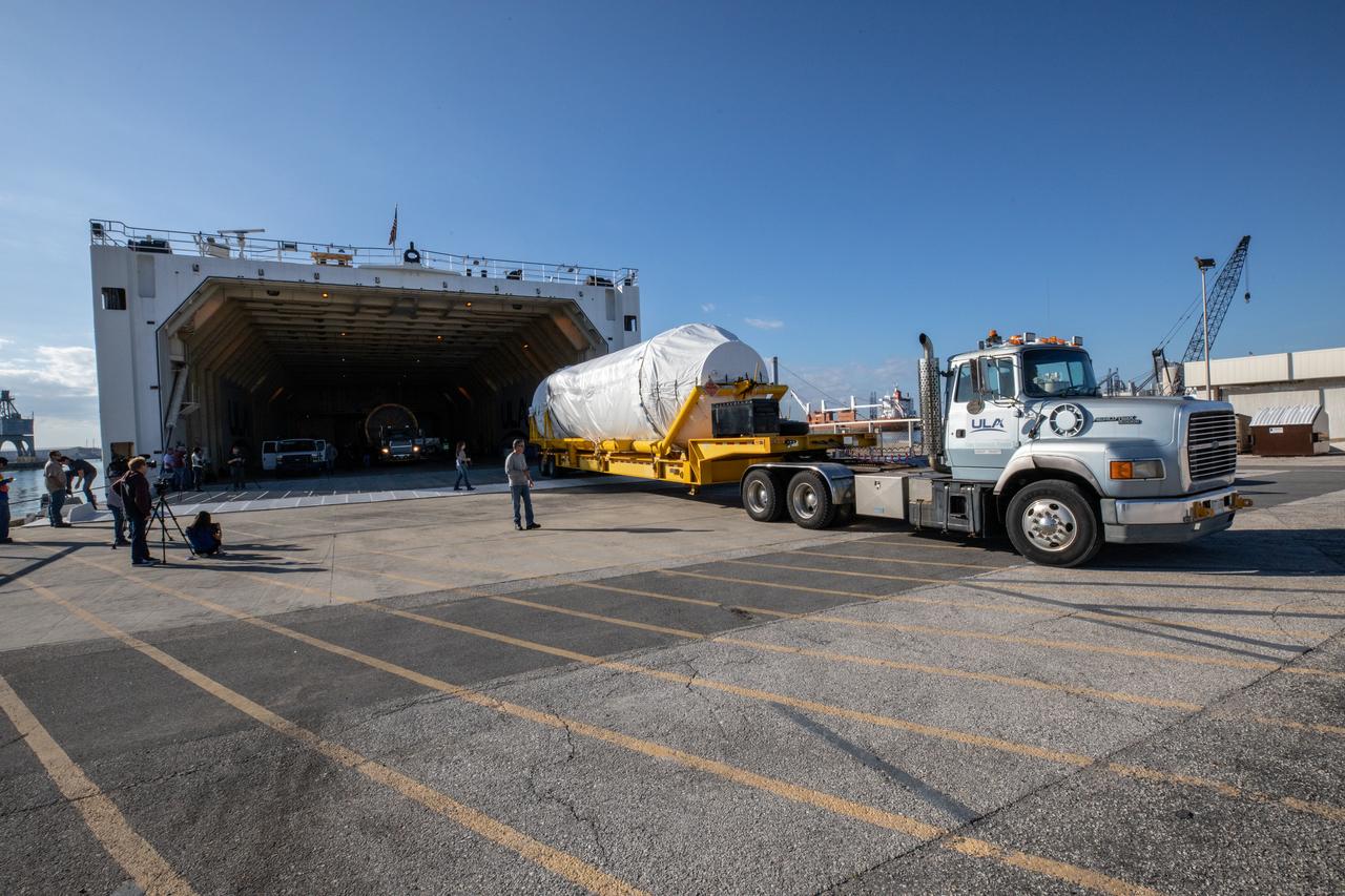 The United Launch Alliance Centaur upper stage that will help launch the Solar Orbiter spacecraft is removed from the company’s Rocketship vessel upon its arrival at Florida’s Port Canaveral on Nov. 21, 2019. Also onboard is the Atlas V rocket’s first-stage booster. Once offloaded, the booster was transported to the Atlas Spaceflight Operations Center and the Centaur was transported to a separate facility, both at nearby Cape Canaveral Air Force Station. Solar Orbiter is a European Space Agency mission with strong NASA participation. The mission aims to study the Sun, its outer atmosphere and solar winds. The spacecraft will provide the first images of the Sun’s poles. NASA’s Launch Services Program based at Kennedy is managing the launch. Liftoff is scheduled for Feb. 5, 2020, from Launch Complex 41 at Cape Canaveral Air Force Station aboard the ULA Atlas V rocket.