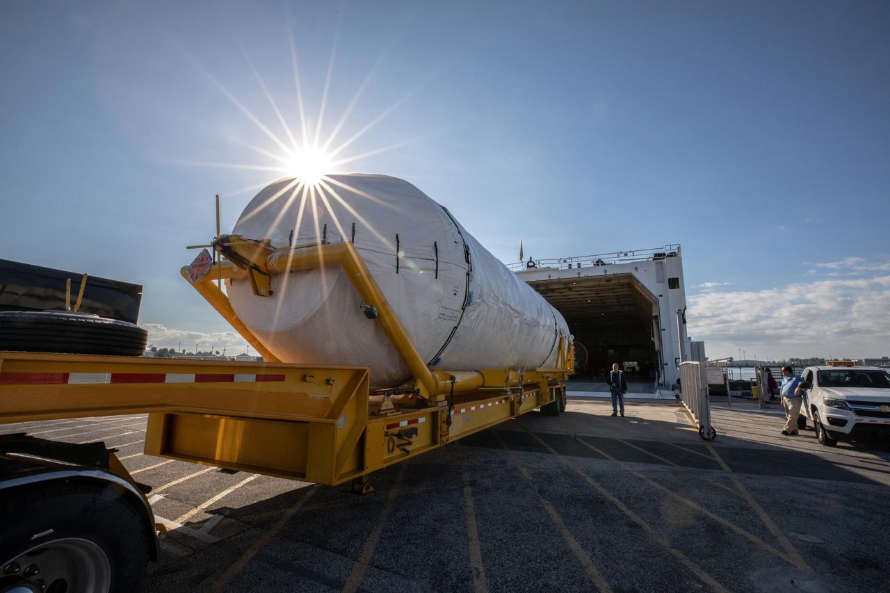 The United Launch Alliance Centaur upper stage that will help launch the Solar Orbiter spacecraft is removed from the company’s Rocketship vessel upon its arrival at Florida’s Port Canaveral on Nov. 21, 2019. Also onboard is the Atlas V rocket’s first-stage booster. Once offloaded, the booster was transported to the Atlas Spaceflight Operations Center and the Centaur was transported to a separate facility, both at nearby Cape Canaveral Air Force Station. Solar Orbiter is a European Space Agency mission with strong NASA participation. The mission aims to study the Sun, its outer atmosphere and solar winds. The spacecraft will provide the first images of the Sun’s poles. NASA’s Launch Services Program based at Kennedy is managing the launch. Liftoff is scheduled for Feb. 5, 2020, from Launch Complex 41 at Cape Canaveral Air Force Station aboard the ULA Atlas V rocket.