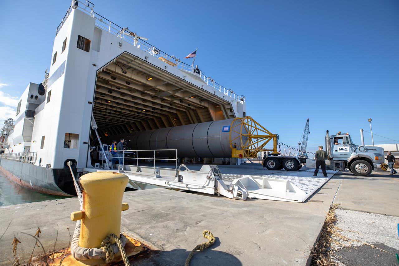 The United Launch Alliance Atlas V booster that will launch the Solar Orbiter spacecraft is removed from the company’s Rocketship vessel upon its arrival at Florida’s Port Canaveral on Nov. 21, 2019. Once offloaded, the booster was transported to the Atlas Spaceflight Operations Center at nearby Cape Canaveral Air Force Station. Solar Orbiter is a European Space Agency mission with strong NASA participation. The mission aims to study the Sun, its outer atmosphere and solar winds. The spacecraft will provide the first images of the Sun’s poles. NASA’s Launch Services Program based at Kennedy is managing the launch. Liftoff is scheduled for Feb. 5, 2020, from Launch Complex 41 at Cape Canaveral Air Force Station aboard the ULA Atlas V rocket.