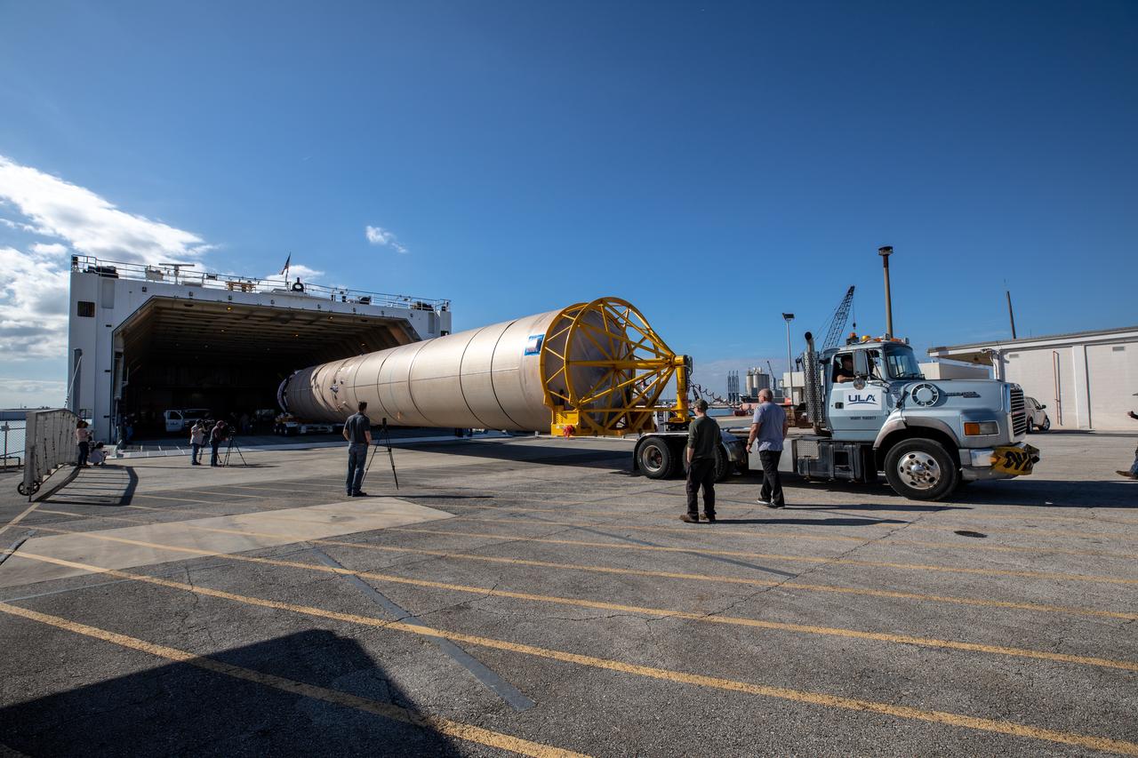 The United Launch Alliance Atlas V booster that will launch the Solar Orbiter spacecraft is removed from the company’s Rocketship vessel upon its arrival at Florida’s Port Canaveral on Nov. 21, 2019. Once offloaded, the booster was transported to the Atlas Spaceflight Operations Center at nearby Cape Canaveral Air Force Station. Solar Orbiter is a European Space Agency mission with strong NASA participation. The mission aims to study the Sun, its outer atmosphere and solar winds. The spacecraft will provide the first images of the Sun’s poles. NASA’s Launch Services Program based at Kennedy is managing the launch. Liftoff is scheduled for Feb. 5, 2020, from Launch Complex 41 at Cape Canaveral Air Force Station aboard the ULA Atlas V rocket.