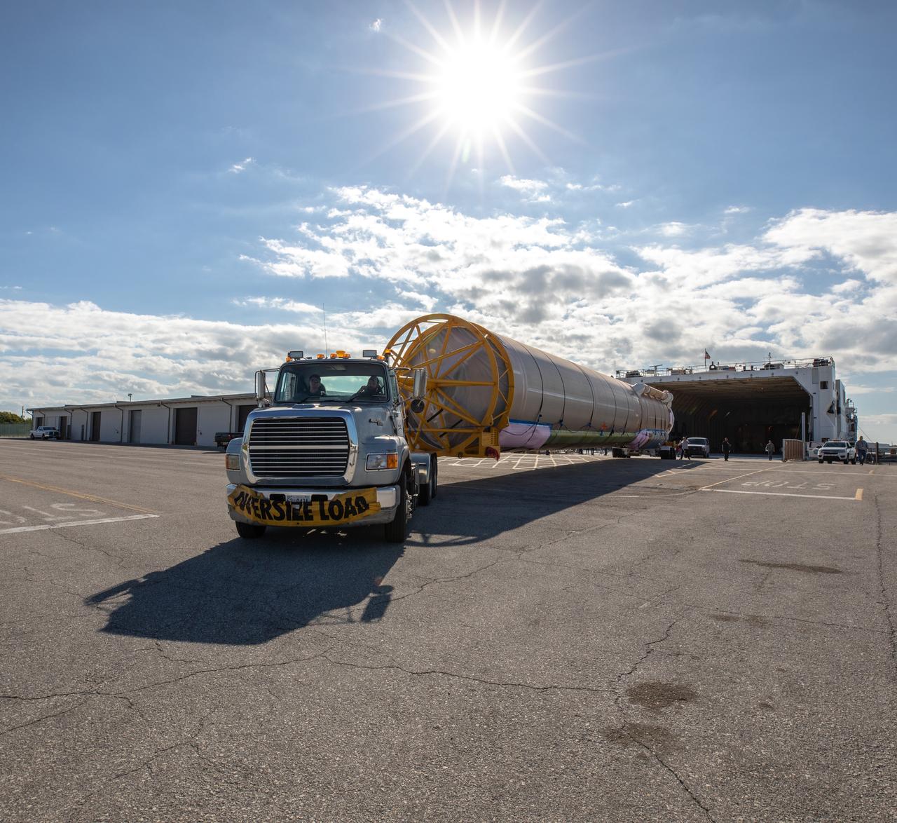The United Launch Alliance Atlas V booster that will launch the Solar Orbiter spacecraft is removed from the company’s Rocketship vessel upon its arrival at Florida’s Port Canaveral on Nov. 21, 2019. Once offloaded, the booster was transported to the Atlas Spaceflight Operations Center at nearby Cape Canaveral Air Force Station. Solar Orbiter is a European Space Agency mission with strong NASA participation. The mission aims to study the Sun, its outer atmosphere and solar winds. The spacecraft will provide the first images of the Sun’s poles. NASA’s Launch Services Program based at Kennedy is managing the launch. Liftoff is scheduled for Feb. 5, 2020, from Launch Complex 41 at Cape Canaveral Air Force Station aboard the ULA Atlas V rocket.