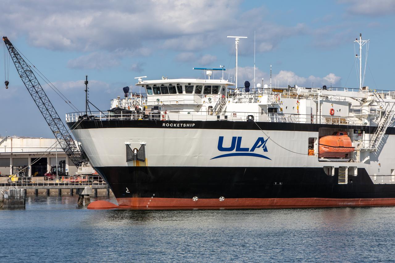 The United Launch Alliance cargo vessel, Rocketship, is docked at Florida’s Port Canaveral on Nov. 21, 2019, after arriving with the Atlas V booster and Centaur upper stage that will launch the Solar Orbiter spacecraft. Once offloaded, the booster was transported to the Atlas Spaceflight Operations Center and the Centaur was transported to a separate facility, both at nearby Cape Canaveral Air Force Station. Solar Orbiter is a European Space Agency mission with strong NASA participation. The mission aims to study the Sun, its outer atmosphere and solar winds. The spacecraft will provide the first images of the Sun’s poles. NASA’s Launch Services Program based at Kennedy is managing the launch. Liftoff is scheduled for Feb. 5, 2020, from Cape Canaveral Air Force Station aboard the ULA Atlas V rocket.