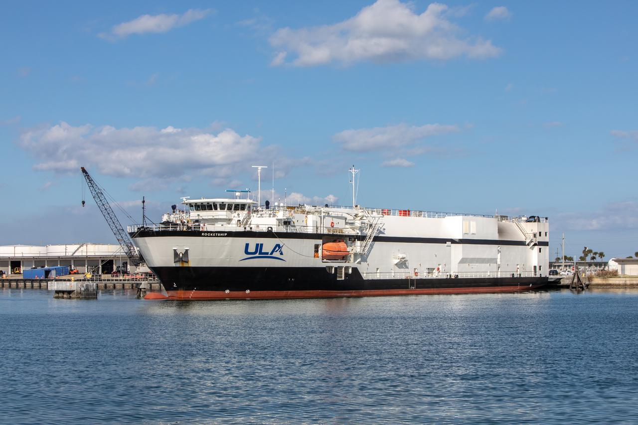 The United Launch Alliance cargo vessel, Rocketship, is docked at Florida’s Port Canaveral on Nov. 21, 2019, after arriving with the Atlas V booster and Centaur upper stage that will launch the Solar Orbiter spacecraft. Once offloaded, the booster was transported to the Atlas Spaceflight Operations Center and the Centaur was transported to a separate facility, both at nearby Cape Canaveral Air Force Station. Solar Orbiter is a European Space Agency mission with strong NASA participation. The mission aims to study the Sun, its outer atmosphere and solar winds. The spacecraft will provide the first images of the Sun’s poles. NASA’s Launch Services Program based at Kennedy is managing the launch. Liftoff is scheduled for Feb. 5, 2020, from Cape Canaveral Air Force Station aboard the ULA Atlas V rocket.