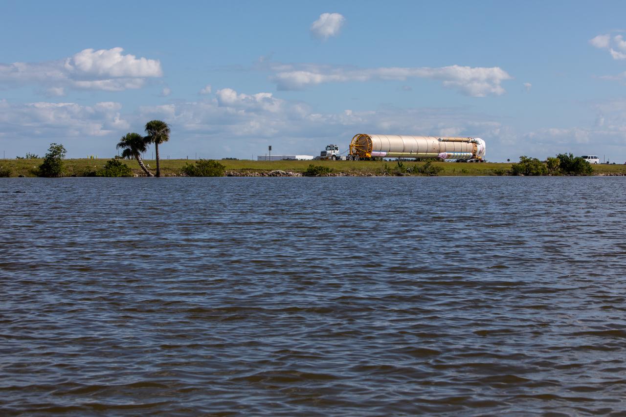 The United Launch Alliance Atlas V booster that will launch the Solar Orbiter spacecraft is transported by truck from Port Canaveral to the Atlas Spaceflight Operations Center at Florida’s Cape Canaveral Air Force Station on Nov. 21, 2019. The company’s Rocketship vessel carried the booster from its manufacturing facility in Decatur, Alabama, to the port. Solar Orbiter is a European Space Agency mission with strong NASA participation. The mission aims to study the Sun, its outer atmosphere and solar winds. The spacecraft will provide the first images of the Sun’s poles. NASA’s Launch Services Program based at Kennedy is managing the launch. Liftoff is scheduled for Feb. 5, 2020, from Launch Complex 41 at Cape Canaveral Air Force Station aboard the ULA Atlas V rocket.