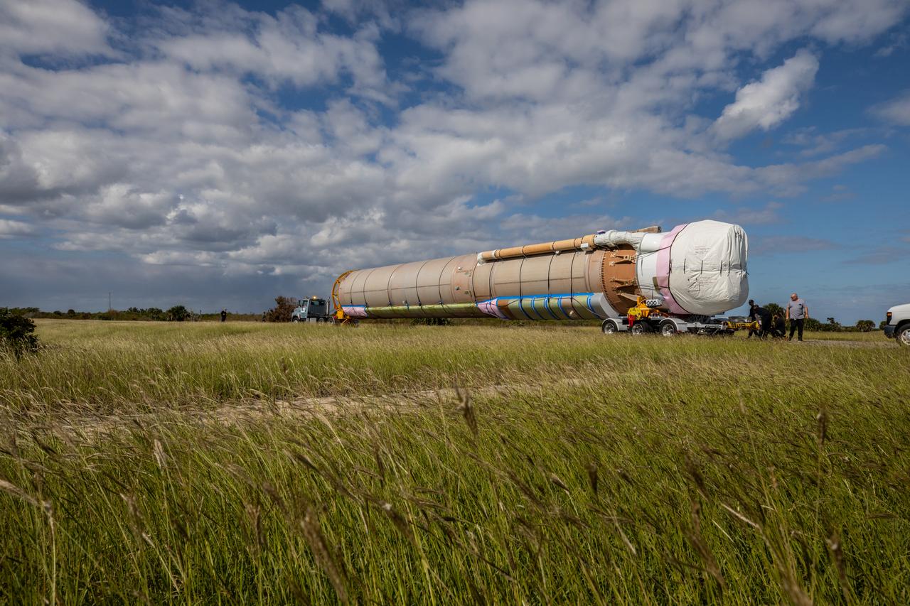The United Launch Alliance Atlas V booster that will launch the Solar Orbiter spacecraft is transported by truck from Port Canaveral to the Atlas Spaceflight Operations Center at Florida’s Cape Canaveral Air Force Station on Nov. 21, 2019. The company’s Rocketship vessel carried the booster from its manufacturing facility in Decatur, Alabama, to the port. Solar Orbiter is a European Space Agency mission with strong NASA participation. The mission aims to study the Sun, its outer atmosphere and solar winds. The spacecraft will provide the first images of the Sun’s poles. NASA’s Launch Services Program based at Kennedy is managing the launch. Liftoff is scheduled for Feb. 5, 2020, from Launch Complex 41 at Cape Canaveral Air Force Station aboard the ULA Atlas V rocket.