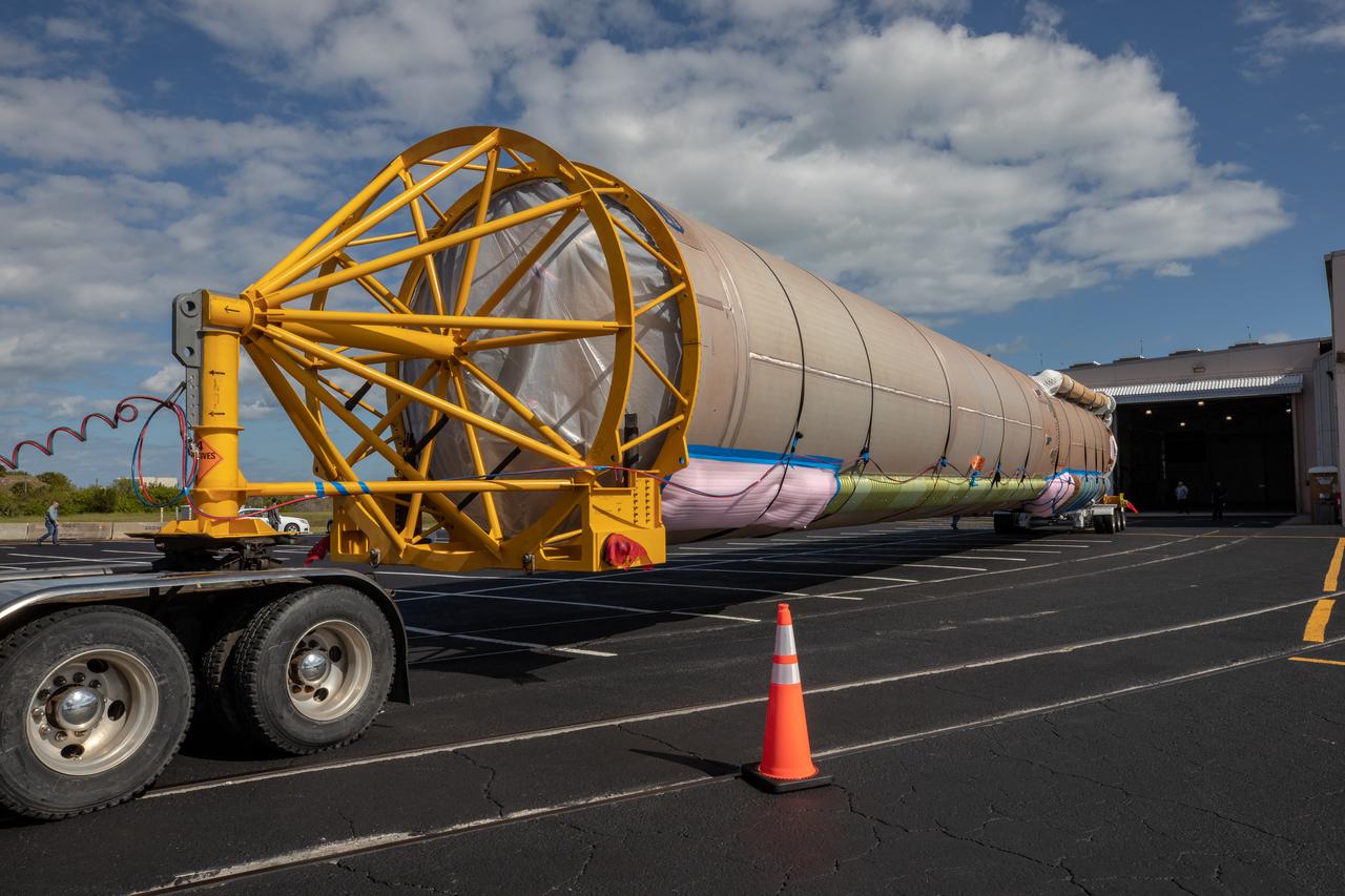 The United Launch Alliance Atlas V booster that will launch the Solar Orbiter spacecraft is delivered by truck to the Atlas Spaceflight Operations Center at Florida’s Cape Canaveral Air Force Station on Nov. 21, 2019. The company’s Rocketship vessel carried the booster from its manufacturing facility in Decatur, Alabama, to Port Canaveral. Solar Orbiter is a European Space Agency mission with strong NASA participation. The mission aims to study the Sun, its outer atmosphere and solar winds. The spacecraft will provide the first images of the Sun’s poles. NASA’s Launch Services Program based at Kennedy is managing the launch. Liftoff is scheduled for Feb. 5, 2020, from Launch Complex 41 at Cape Canaveral Air Force Station aboard the ULA Atlas V rocket.