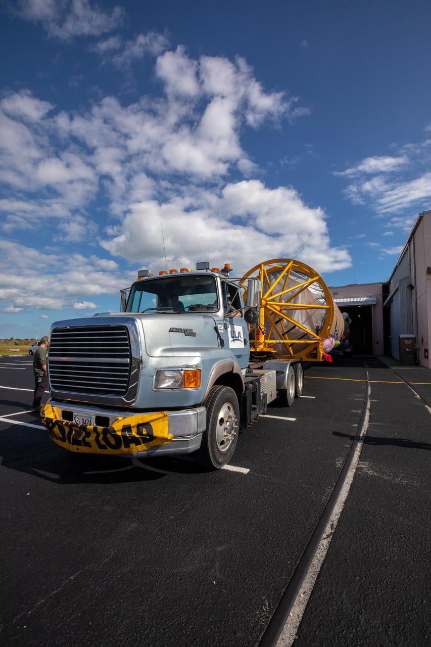 The United Launch Alliance Atlas V booster that will launch the Solar Orbiter spacecraft is delivered by truck to the Atlas Spaceflight Operations Center at Florida’s Cape Canaveral Air Force Station on Nov. 21, 2019. The company’s Rocketship vessel carried the booster from its manufacturing facility in Decatur, Alabama, to Port Canaveral. Solar Orbiter is a European Space Agency mission with strong NASA participation. The mission aims to study the Sun, its outer atmosphere and solar winds. The spacecraft will provide the first images of the Sun’s poles. NASA’s Launch Services Program based at Kennedy is managing the launch. Liftoff is scheduled for Feb. 5, 2020, from Launch Complex 41 at Cape Canaveral Air Force Station aboard the ULA Atlas V rocket.