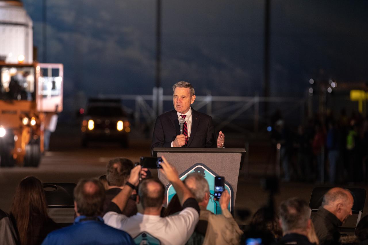 Kennedy Space Center Director Bob Cabana speaks during the Boeing CST-100 Starliner spacecraft rollout from the company’s Commercial Crew and Cargo Processing Facility at the Florida spaceport on Nov. 21, 2019. The spacecraft will make the trip to Space Launch Complex 41 at Cape Canaveral Air Force Station where it will be secured atop a United Launch Alliance Atlas V rocket for Boeing’s Orbital Flight Test to the International Space Station for NASA’s Commercial Crew Program.
