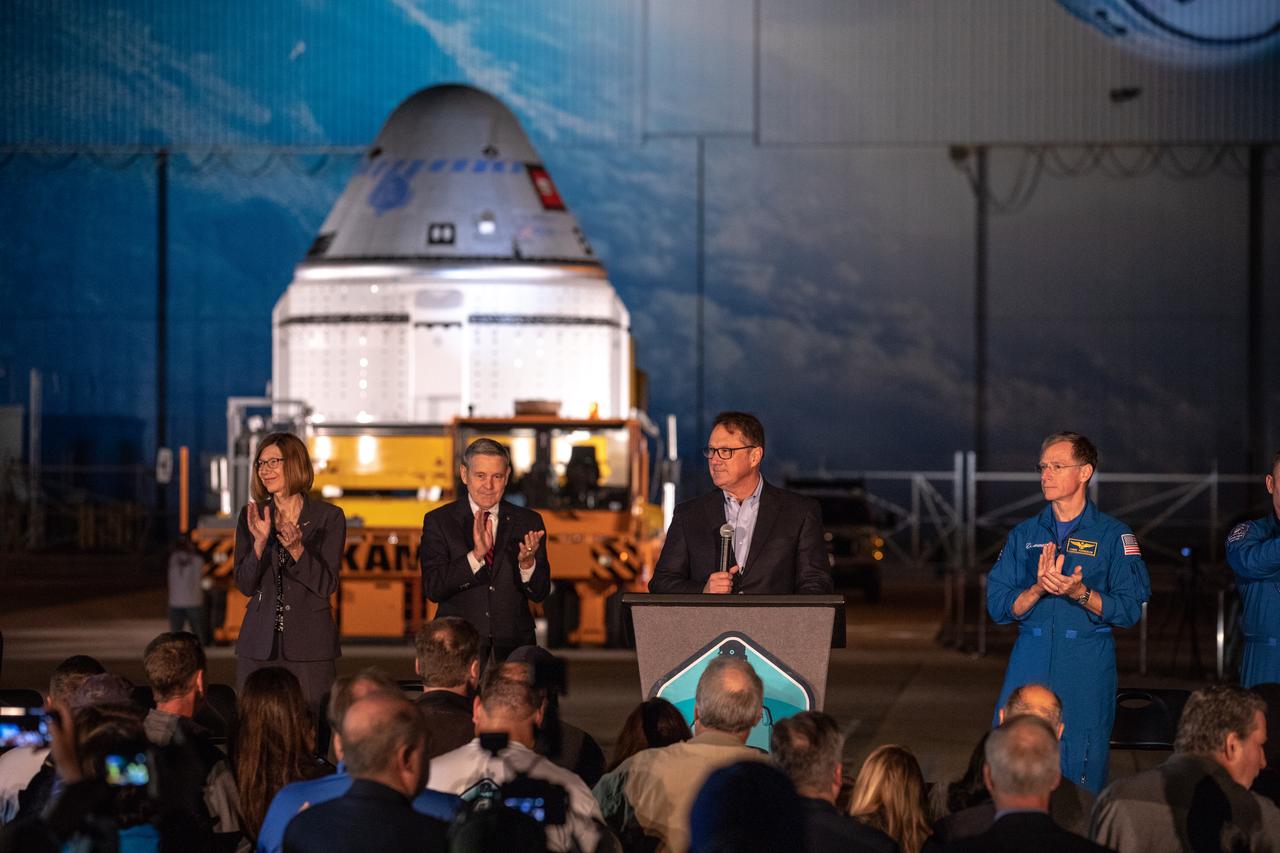 John Mulholland, Boeing vice president and program manager, Commercial Crew Program, speaks during the Boeing CST-100 Starliner spacecraft rollout from the company’s Commercial Crew and Cargo Processing Facility at Kennedy Space Center in Florida on Nov. 21, 2019. Starliner will make the trip to Space Launch Complex 41 at Cape Canaveral Air Force Station where it will be secured atop a United Launch Alliance Atlas V rocket for Boeing’s Orbital Flight Test to the International Space Station for NASA’s Commercial Crew Program.