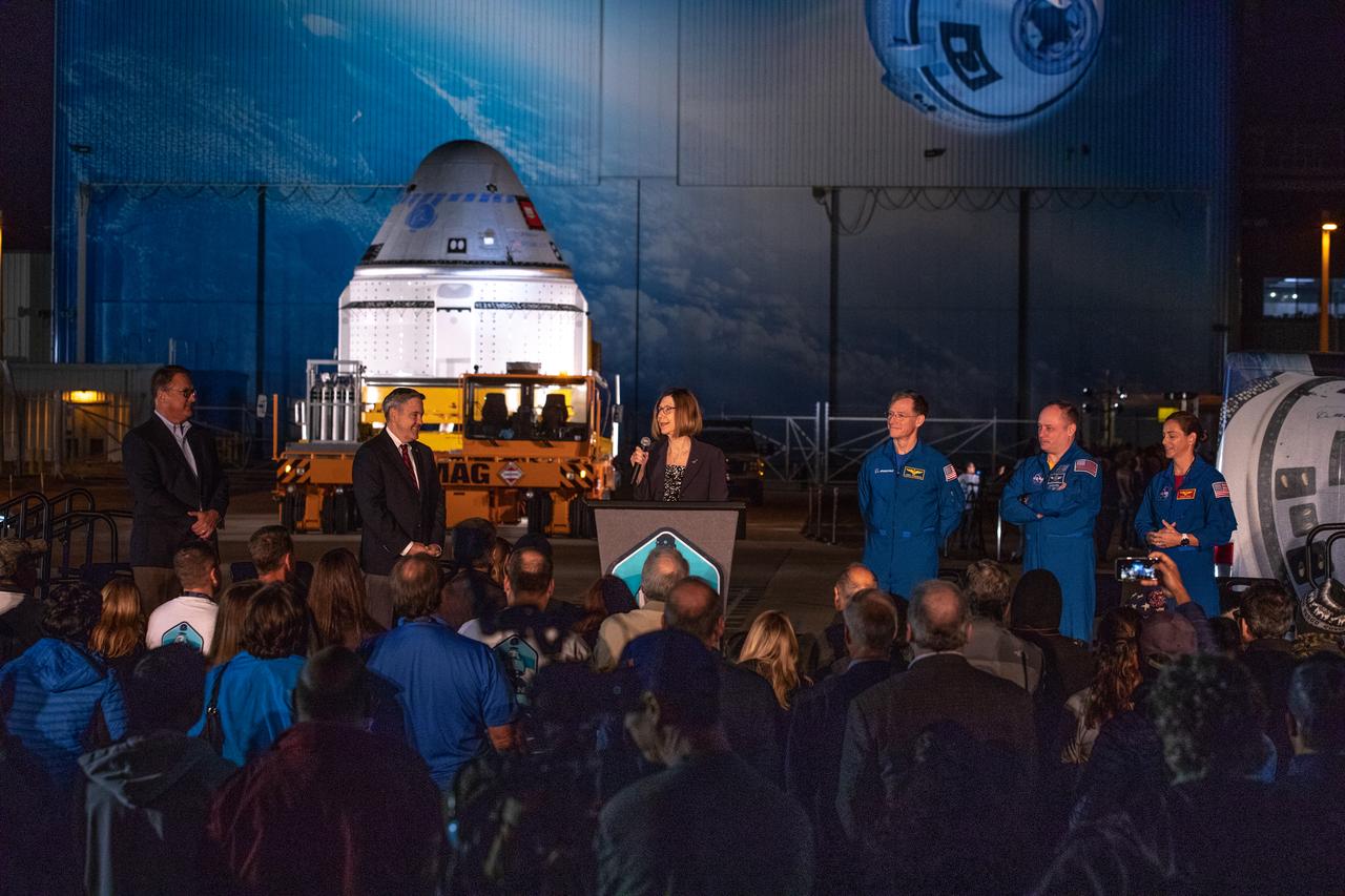 Kathy Lueders, program manager, NASA’s Commercial Crew Program, speaks during the Boeing CST-100 Starliner spacecraft rollout from the company’s Commercial Crew and Cargo Processing Facility at Kennedy Space Center in Florida on Nov. 21, 2019. Starliner will make the trip to Space Launch Complex 41 at Cape Canaveral Air Force Station where it will be secured atop a United Launch Alliance Atlas V rocket for Boeing’s Orbital Flight Test to the International Space Station for NASA’s Commercial Crew Program.