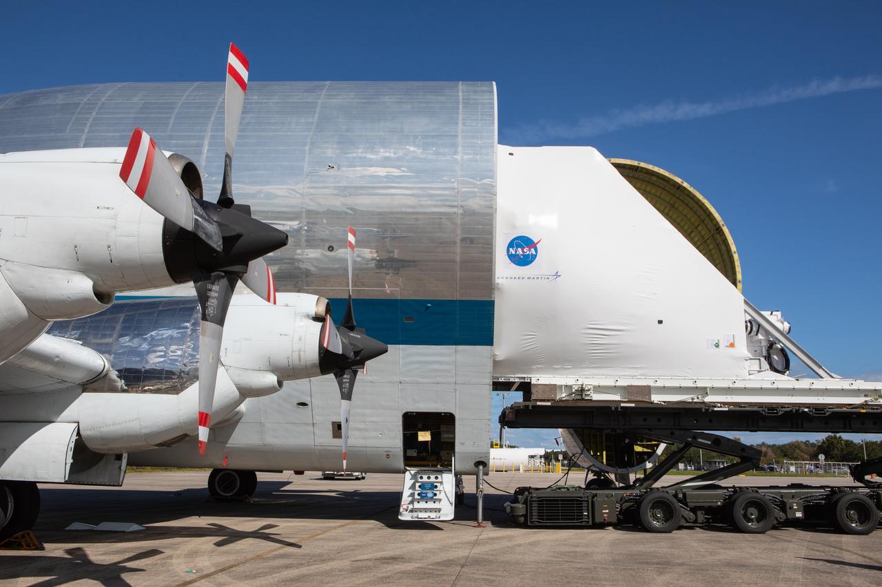 NASA’s Orion spacecraft is loaded into the agency’s Super Guppy aircraft at the Launch and Landing Facility runway at Kennedy Space Center in Florida on Nov. 21, 2019. The spacecraft’s crew and service modules are flying to NASA’s Plum Brook Station in Sandusky, Ohio, for full thermal vacuum testing. In this unique facility, the crew and service modules will be put through extensive testing to ensure they can survive the rigors of launch, space travel, re-entry and splashdown. The Orion spacecraft will launch atop the agency's Space Launch System rocket on Artemis I.