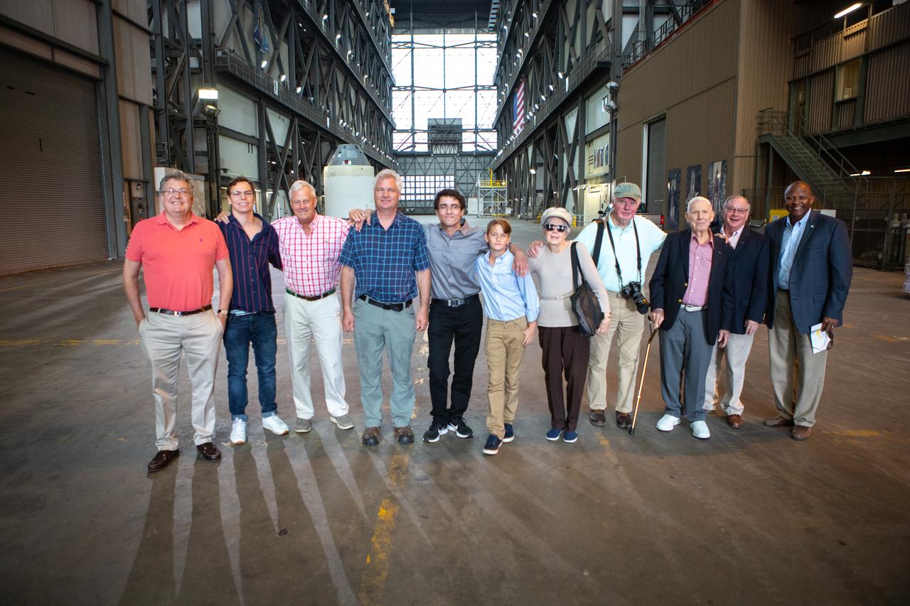 Phil Moyer, third from right, original project lead for the Vehicle Assembly Building (VAB); and Dick Bergmann, fourth from right, original lead designer for the VAB, tour the iconic facility with the families of the original architect on Nov. 22, 2019 at NASA’s Kennedy Space Center in Florida. At far right is Kelvin Manning, Kennedy’s associate director, technical. The Florida Section American Society of Civil Engineers bestowed the historic building with its National Historic Civil Engineering Landmark award during a ceremony on Jan. 10, 2020. The VAB is the first building at Kennedy Space Center to earn this distinction. At the time of its completion, the 129-million-cubic-foot structure was the largest building in the world. Originally designed and built to accommodate the Saturn V/Apollo used in Project Apollo, the VAB was later modified for its role in the Space Shuttle Program.