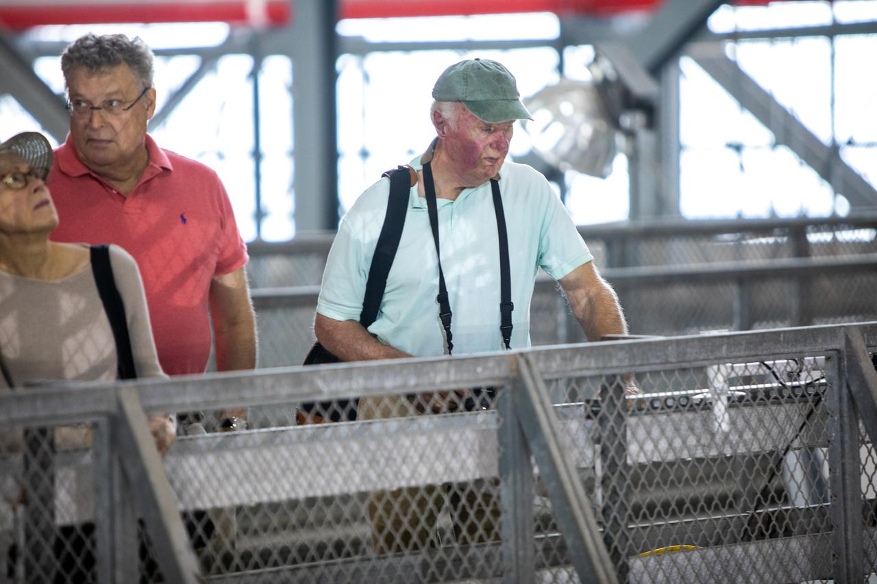 Dick Bergmann, at right, original lead designer for the Vehicle Assembly Building, tours the iconic facility on Nov. 22, 2019 at NASA’s Kennedy Space Center in Florida. Vehicle Assembly Building with the National Historic Civil Engineering Landmark award. The Florida Section American Society of Civil Engineers bestowed its National Historic Civil Engineering Landmark award during a ceremony on Jan. 10, 2020. The VAB is the first building at Kennedy Space Center to earn this distinction. At the time of its completion, the 129-million-cubic-foot structure was the largest building in the world. Originally designed and built to accommodate the Saturn V/Apollo used in Project Apollo, the VAB was later modified for its role in the Space Shuttle Program.