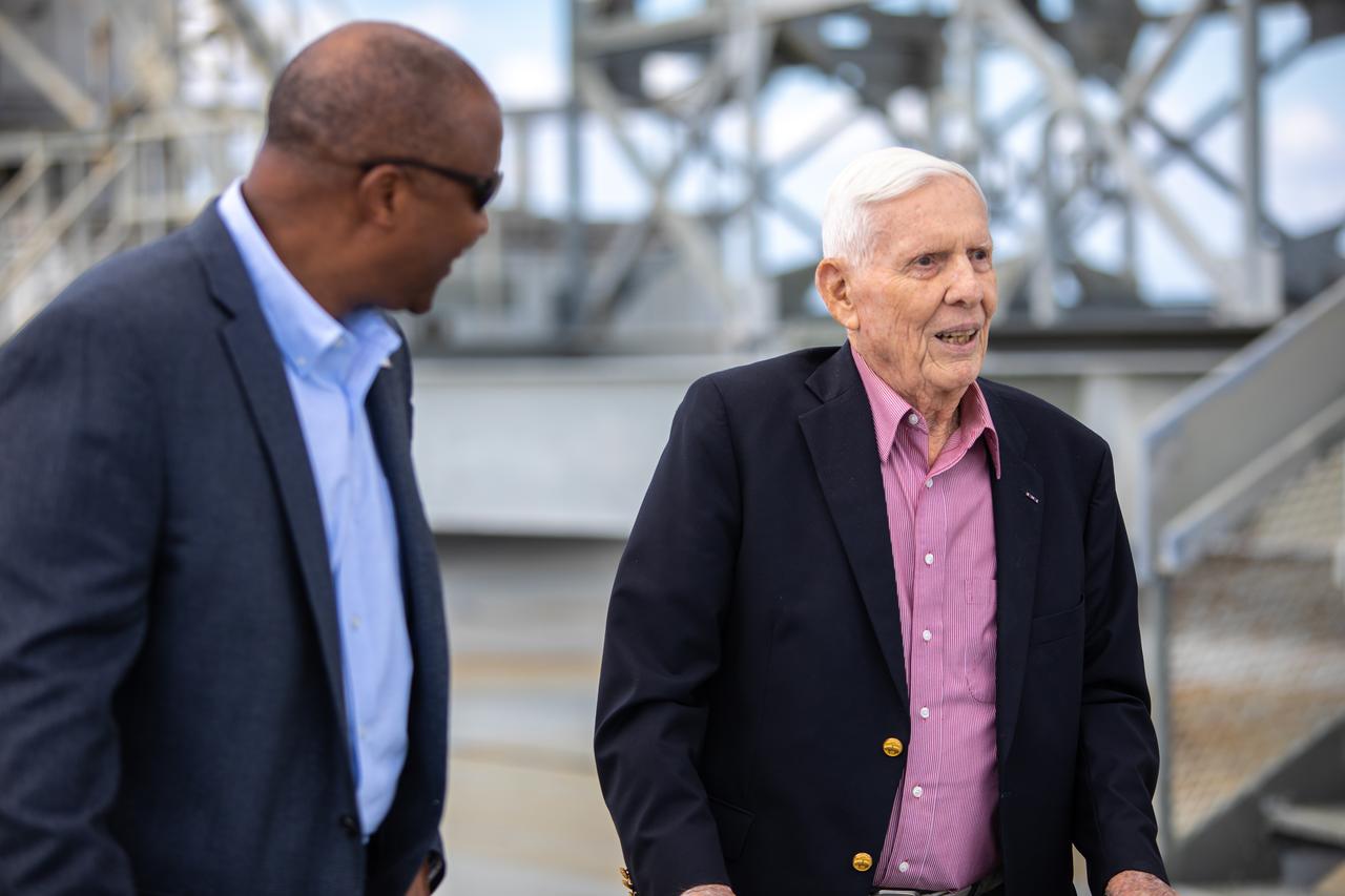 Phil Moyer, at right, original project lead for the Vehicle Assembly Building (VAB), tours the iconic facility on Nov. 22, 2019 at NASA’s Kennedy Space Center in Florida. At left is Kelvin Manning, Kennedy’s associate director, technical. The VAB was recognized with the National Historic Civil Engineering Landmark award by the Florida Section American Society of Civil Engineers during a ceremony on Jan. 10, 2020. The VAB is the first building at Kennedy Space Center to earn this distinction. At the time of its completion, the 129-million-cubic-foot structure was the largest building in the world. Originally designed and built to accommodate the Saturn V/Apollo used in Project Apollo, the VAB was later modified for its role in the Space Shuttle Program.