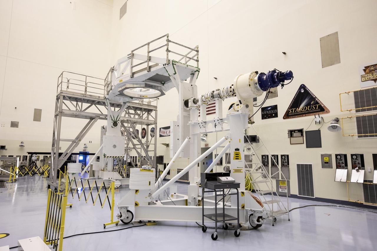 The Spacecraft Assembly and Rotation Fixture (SCARF) that will be used to process the Mars 2020 rover is photographed inside the Payload Hazardous Servicing Facility at NASA’s Kennedy Space Center in Florida on Nov. 22, 2019. Attached to the SCARF is an access stand that will allow personnel to reach the spacecraft when it’s held above ground level. The Mars 2020 rover is being manufactured at the agency’s Jet Propulsion Laboratory in California and, once complete, will be sent to Kennedy for assembly, prelaunch processing and checkouts. The rover is scheduled to launch from Cape Canaveral Air Force Station in summer 2020 aboard a United Launch Alliance Atlas V rocket procured from NASA’s Launch Services Program. The mission will help the agency better understand the geology of Mars, test new robotic technology and assist in determining if any form of life ever was supported on the Red Planet. 