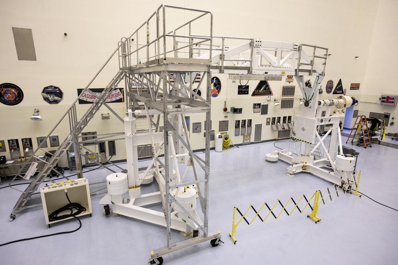 The Spacecraft Assembly and Rotation Fixture (SCARF) that will be used to process the Mars 2020 rover is photographed inside the Payload Hazardous Servicing Facility at NASA’s Kennedy Space Center in Florida on Nov. 22, 2019. Attached to the SCARF is an access stand that will allow personnel to reach the spacecraft when it’s held above ground level. The Mars 2020 rover is being manufactured at the agency’s Jet Propulsion Laboratory in California and, once complete, will be sent to Kennedy for assembly, prelaunch processing and checkouts. The rover is scheduled to launch from Cape Canaveral Air Force Station in summer 2020 aboard a United Launch Alliance Atlas V rocket procured from NASA’s Launch Services Program. The mission will help the agency better understand the geology of Mars, test new robotic technology and assist in determining if any form of life ever was supported on the Red Planet.