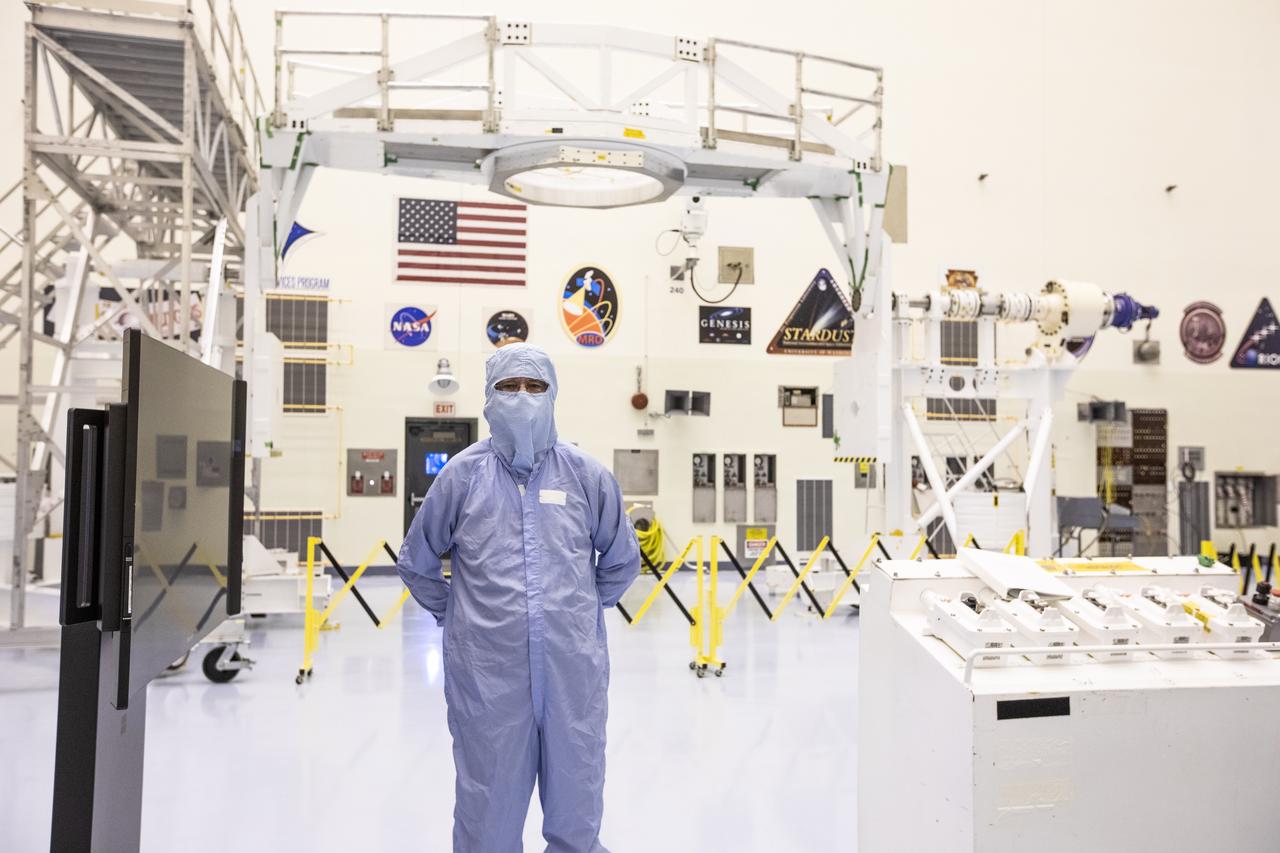 Buck Crenshaw, a quality assurance subject matter expert with NASA’s Jet Propulsion Laboratory (JPL), is photographed in front of the Spacecraft Assembly and Rotation Fixture (SCARF) that will be used to process the agency’s Mars 2020 rover inside the Kennedy Space Center’s Payload Hazardous Servicing Facility on Nov. 22, 2019. Attached to the SCARF is an access stand that will allow personnel to reach the spacecraft when it’s held above ground level. The Mars 2020 rover is being manufactured at JPL in California and, once complete, will be sent to the Florida spaceport for assembly, prelaunch processing and checkouts. The rover is scheduled to launch from Cape Canaveral Air Force Station in summer 2020 aboard a United Launch Alliance Atlas V rocket procured from NASA’s Launch Services Program. The mission will help the agency better understand the geology of Mars, test new robotic technology and assist in determining if any form of life ever was supported on the Red Planet. 