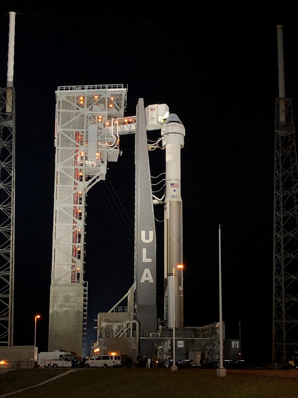 A United Launch Alliance Atlas V rocket, topped by the Boeing CST-100 Starliner spacecraft, stand on Space Launch Complex 41 at Florida’s Cape Canaveral Air Force Station on Dec. 3, 2019. The vehicle was in place on the launch pad in preparation for Boeing’s wet dress rehearsal ahead of the upcoming Orbital Flight Test, an uncrewed mission to the International Space Station for NASA’s Commercial Crew Program.