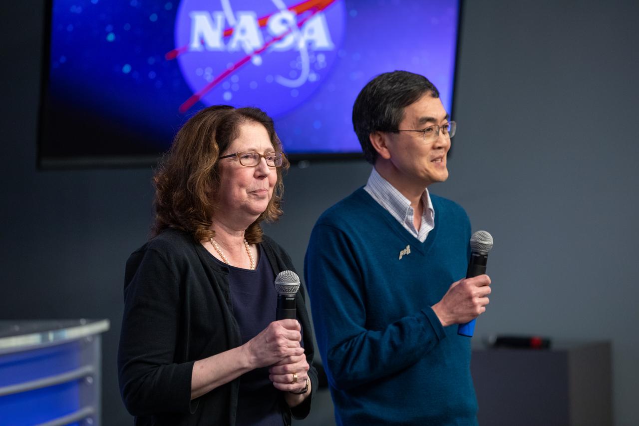 A What’s On Board Briefing for SpaceX’s 19th Commercial Resupply Services (CRS-19) mission for NASA to the International Space Station took place on Dec. 3, 2019, at the agency’s Kennedy Space Center in Florida. Se-Jin Lee (at right) professor at the Jackson Laboratory and University of Connecticut School of Medicine, and principal investigator of Rodent Research-19, and Emily Germain-Lee, professor at the University of Connecticut School of Medicine and chief of endocrinology and diabetes, Connecticut Children’s Medical Center, present their research to members of the media. They discussed the research on molecular signaling pathways that influence muscle degradation to prevent skeletal muscle and bone loss during spaceflight, and enhance recovery following return to Earth. The SpaceX Falcon 9 rocket and Dragon cargo module are scheduled to launch on Dec. 4, 2019, from Space Launch Complex 40 on Cape Canaveral Air Force Station in Florida. 