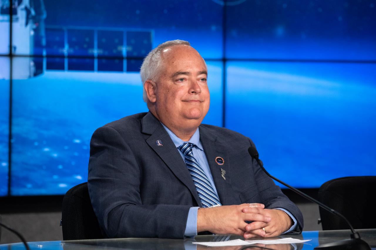 Bryan Dansberry, assistant program scientist, International Space Station Program Science Office at NASA speaks to members of the news media during a prelaunch news conference on Dec. 3, 2019, for SpaceX’s 19th Commercial Resupply Services (CRS-19) mission for NASA to the International Space Station, at the agency’s Kennedy Space Center in Florida. NASA and industry leaders speak to members of the news media during the news conference. The SpaceX Falcon 9 rocket and Dragon cargo module are scheduled to launch on Dec. 4, 2019, from Space Launch Complex 40 on Cape Canaveral Air Force Station in Florida.